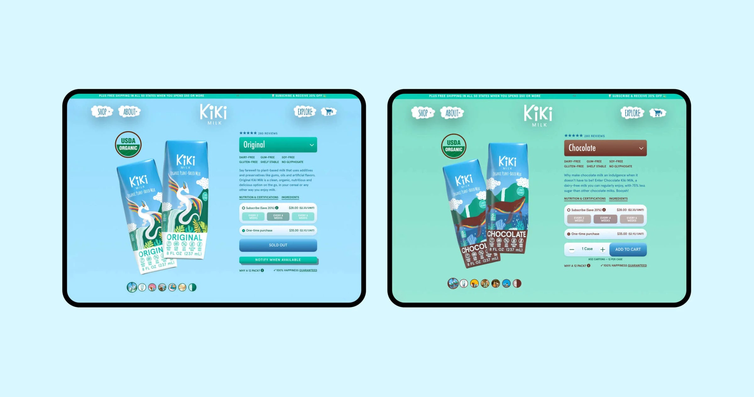 Two tablet screens displaying the KIKI app interface on a light blue background