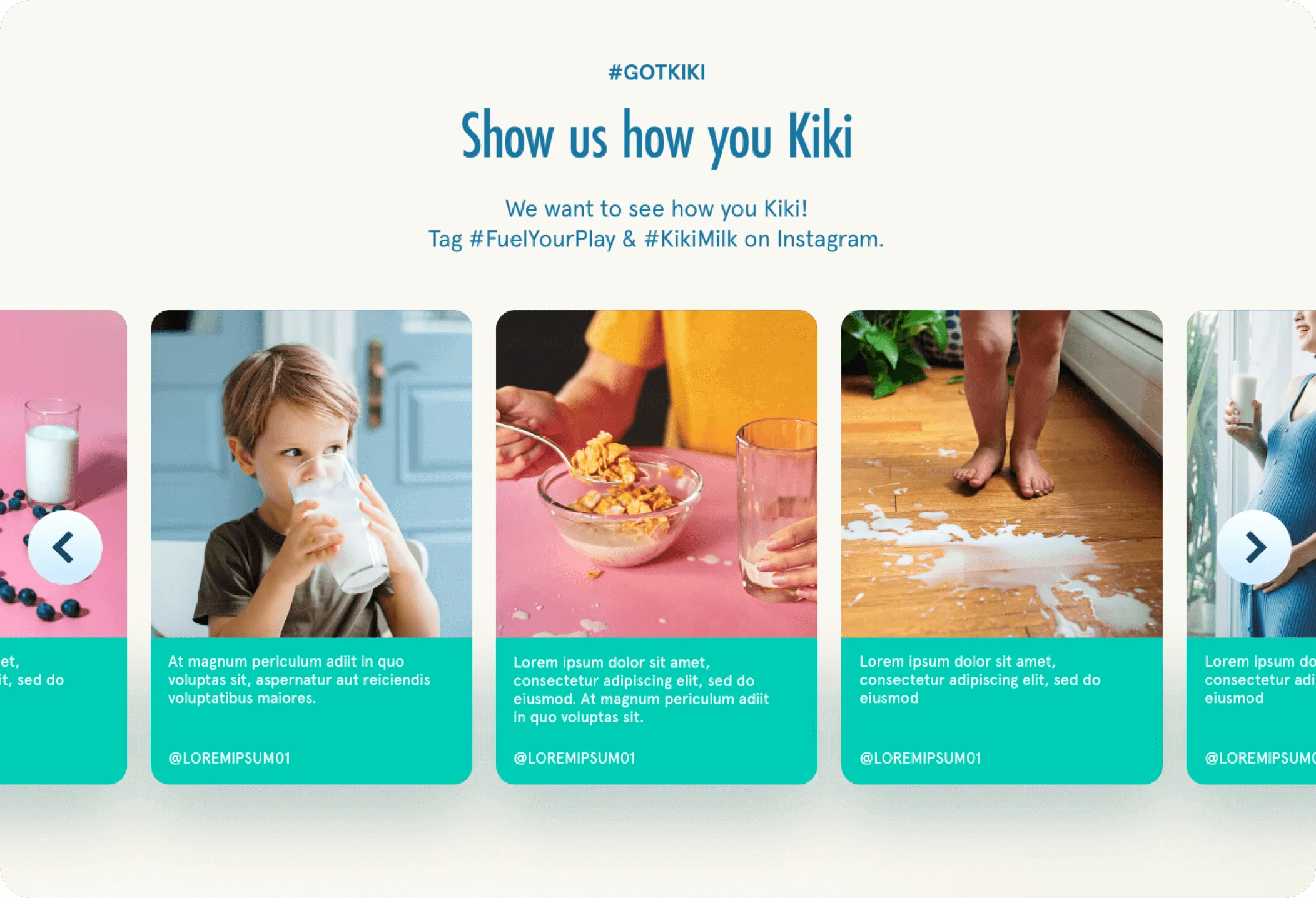 Promotional graphic for Kiki milk with images of people using it, text inviting participation, and a call to action.