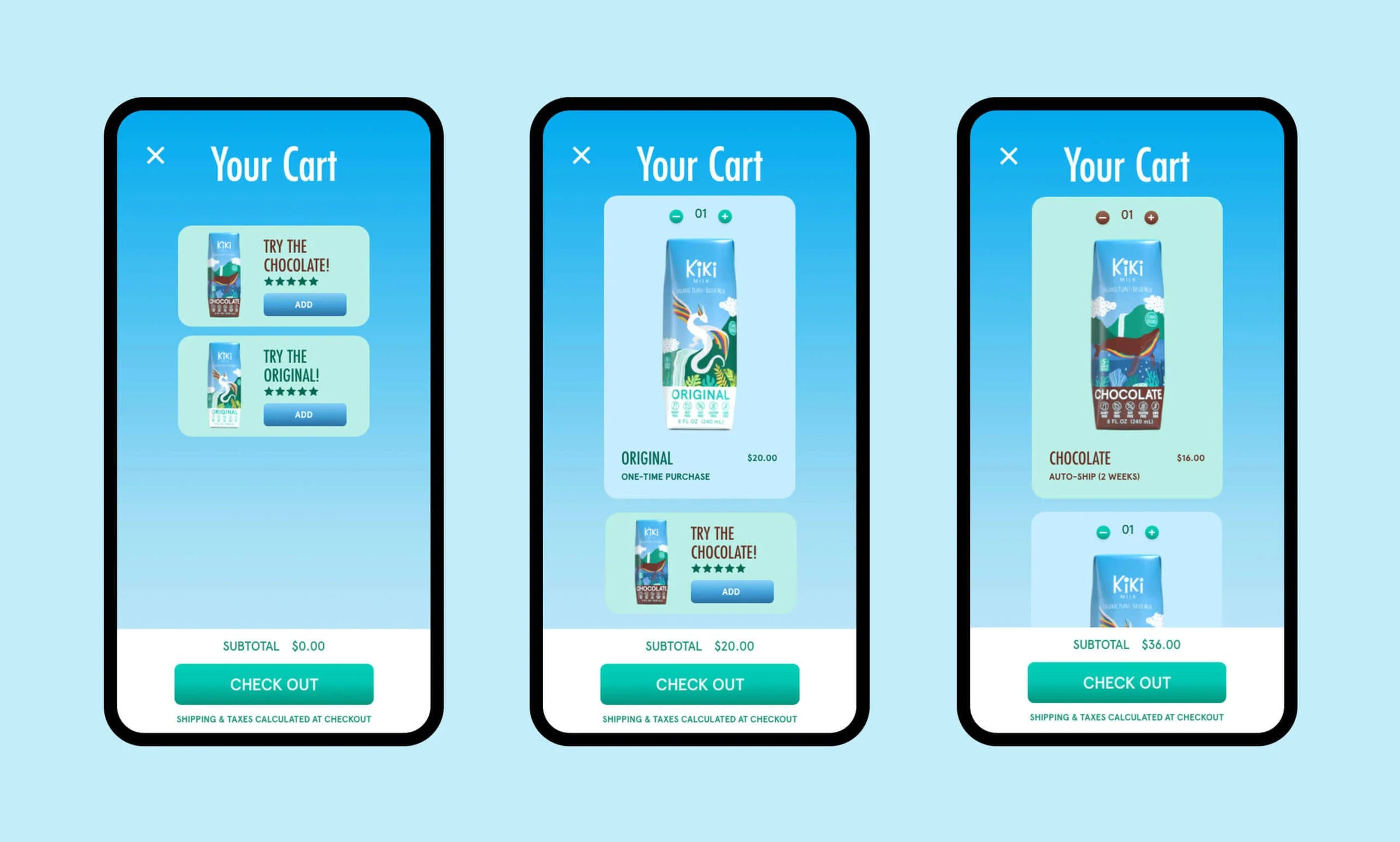Three smartphone screens displaying an e-commerce cart with product images and 'CHECK OUT' buttons on a light blue background.