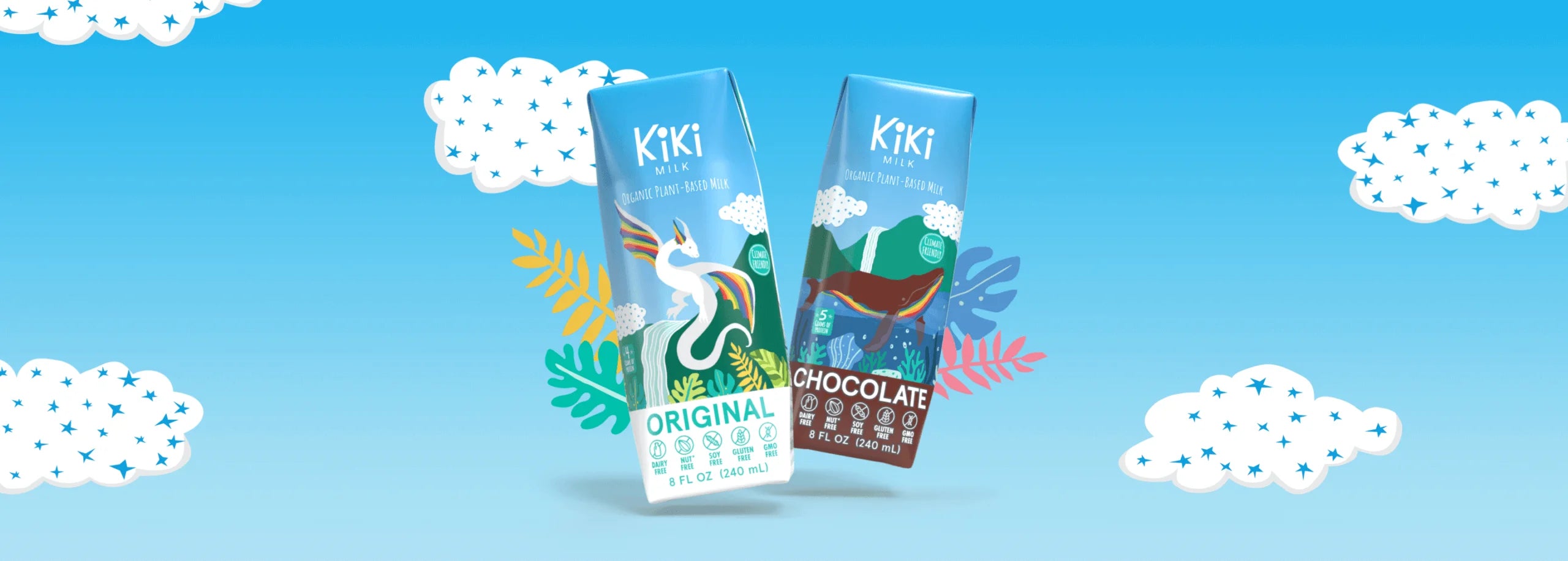 Two Kiki chocolate bars on a blue background with white clouds