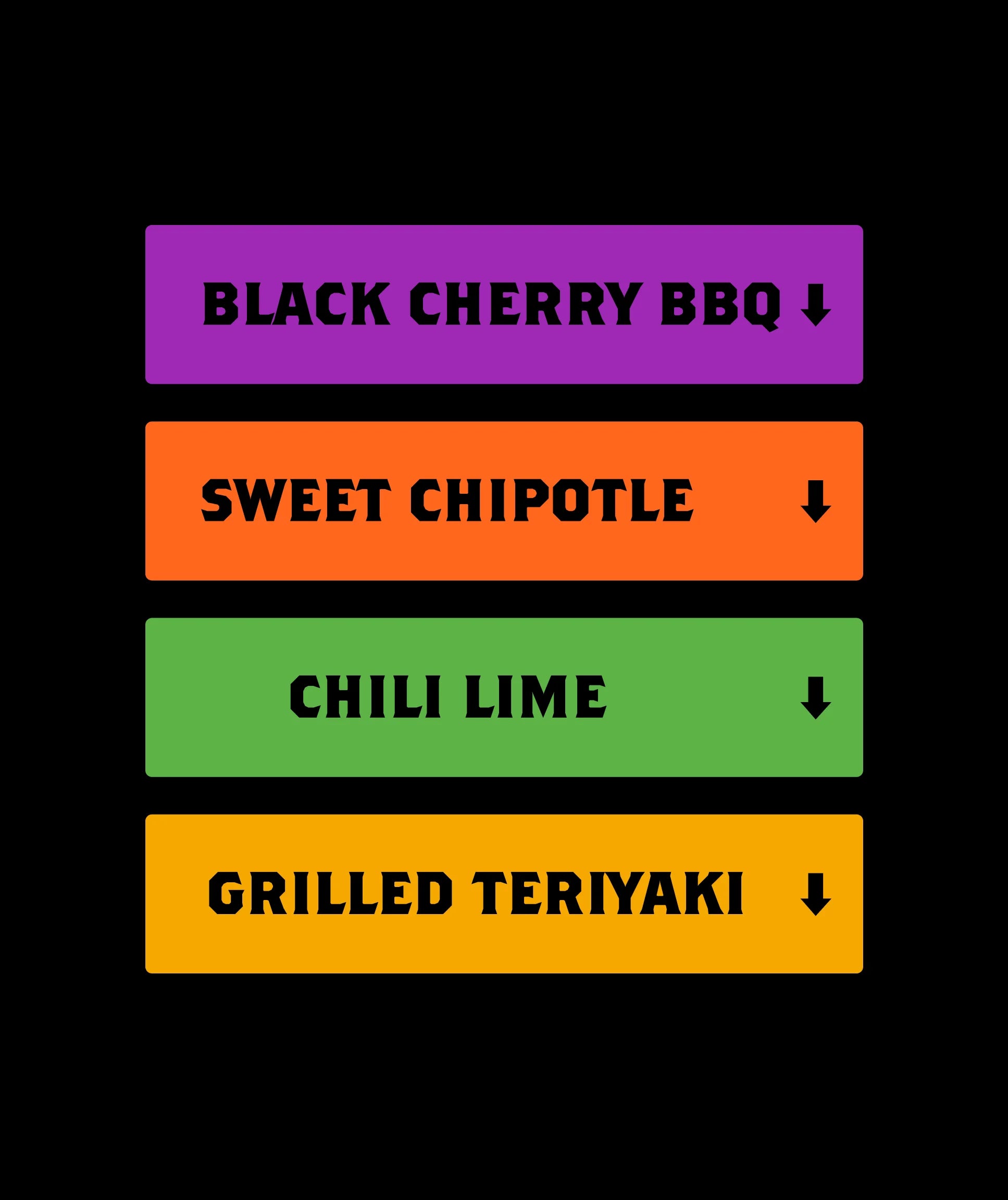 Color swatches labeled 'Black Cherry BBQ', 'Sweet Chipotle', 'Chili Lime', and 'Grilled Teriyaki' on a black background.