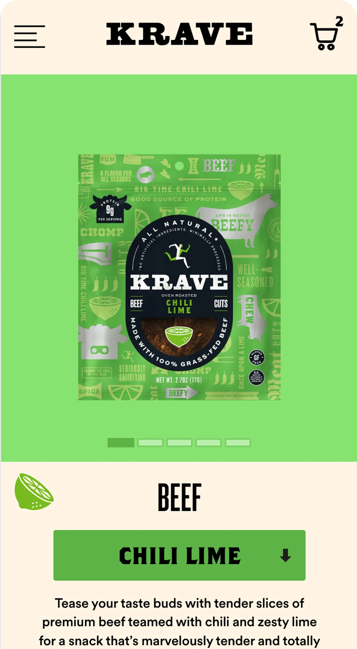 Krave beef chili lime package on a green background