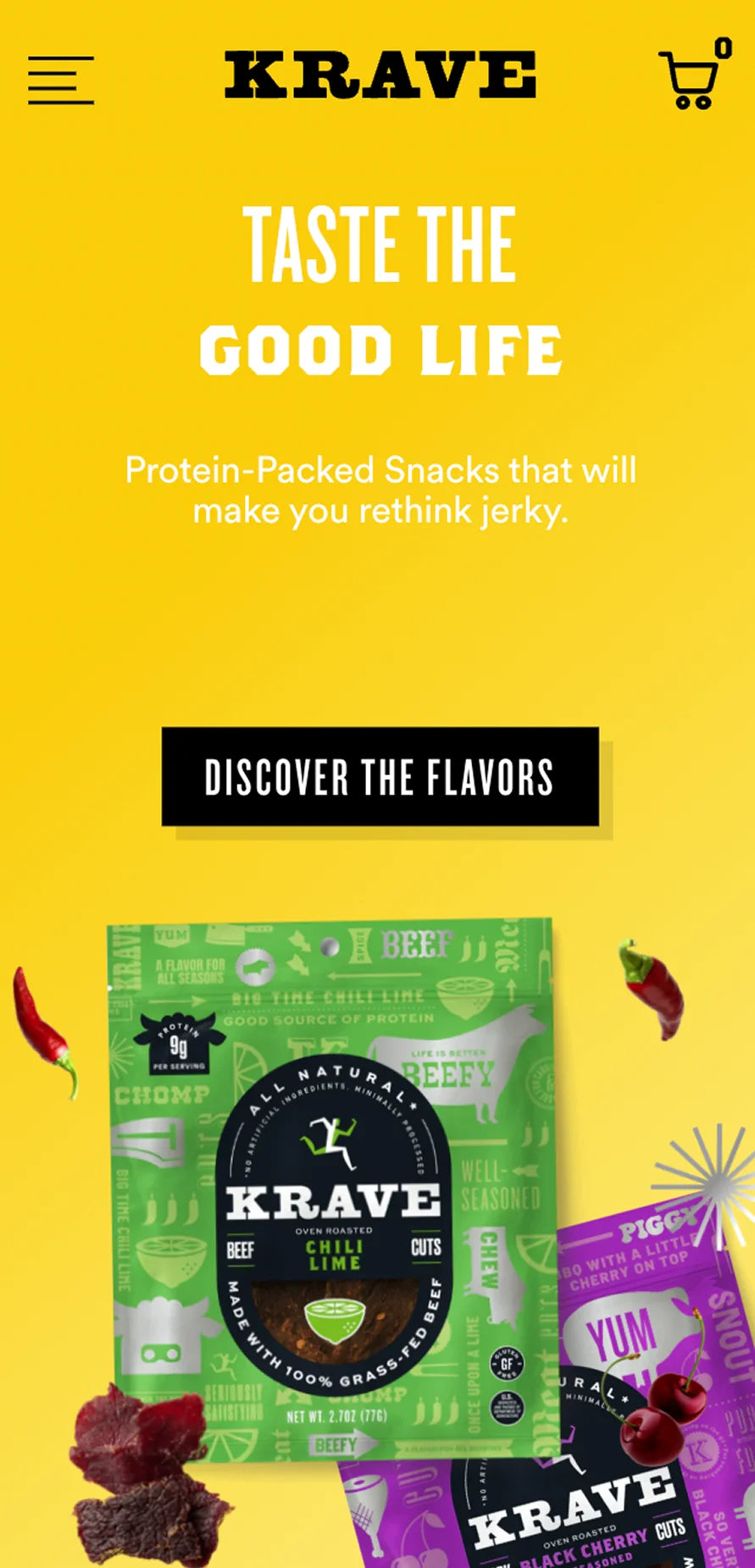 Krave protein-packed snacks advertisement with a yellow background and green packaging.