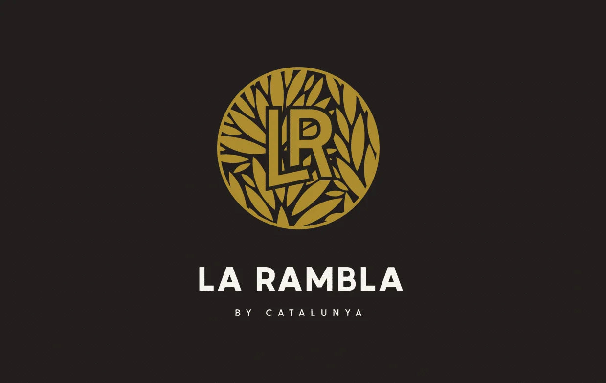 Gold circular logo with 'LR' on a black background, featuring 'La Rambla by Catalunya'.