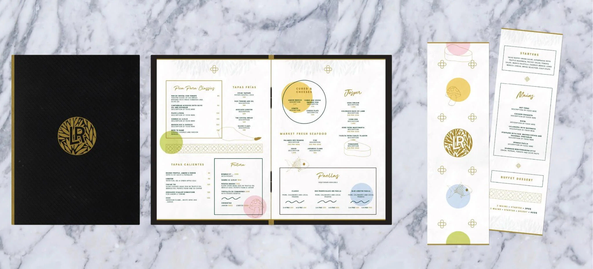 Menu design with gold and white elements on a marble background