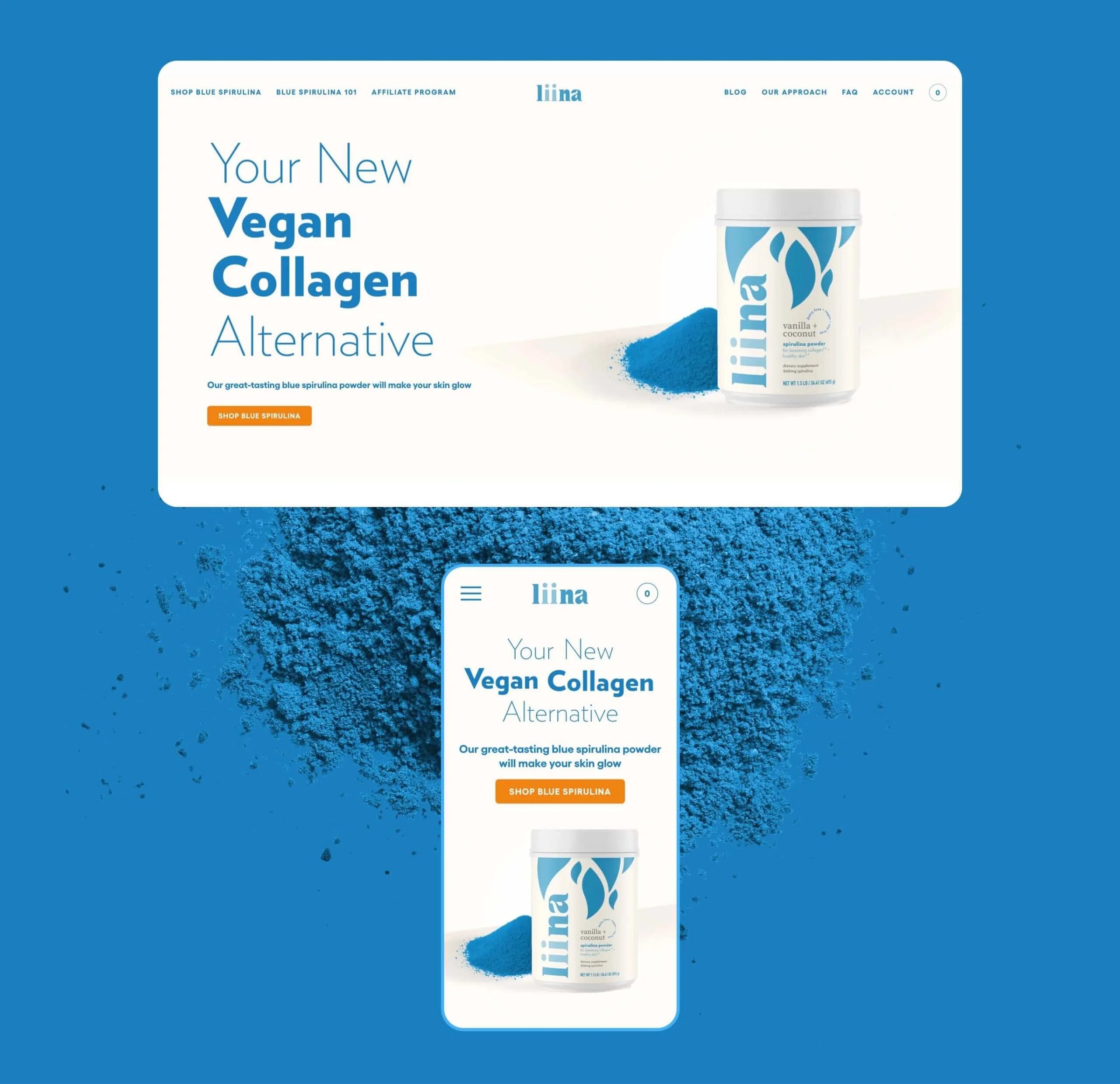 Website design for Ilina vegan collagen product with packaging and powder on a blue background