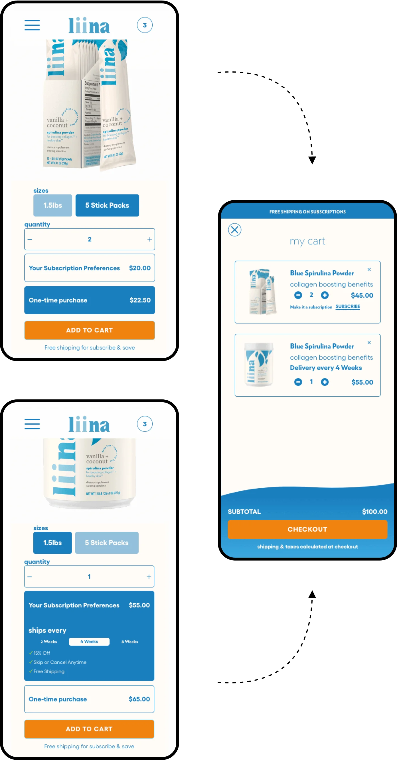 smartphone screens displaying a subscription app interface with product images and order buttons.