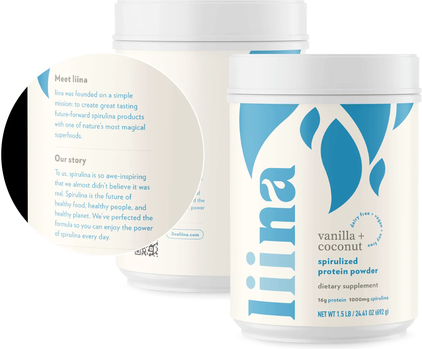 Two containers of iiina vanilla coconut spirulized protein powder on a white background