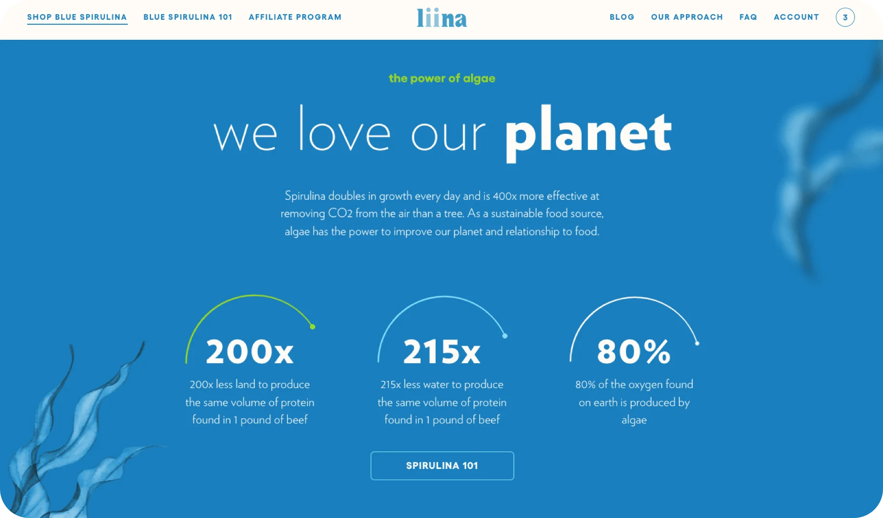 Website page with 'we love our planet' message and environmental benefits of spirulina on a blue background.