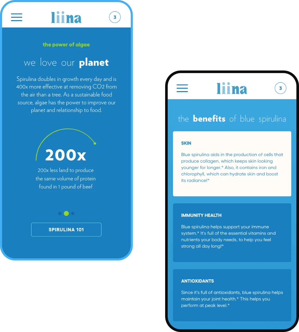 Smartphone screens displaying the liina app with information about spirulina and its benefits.