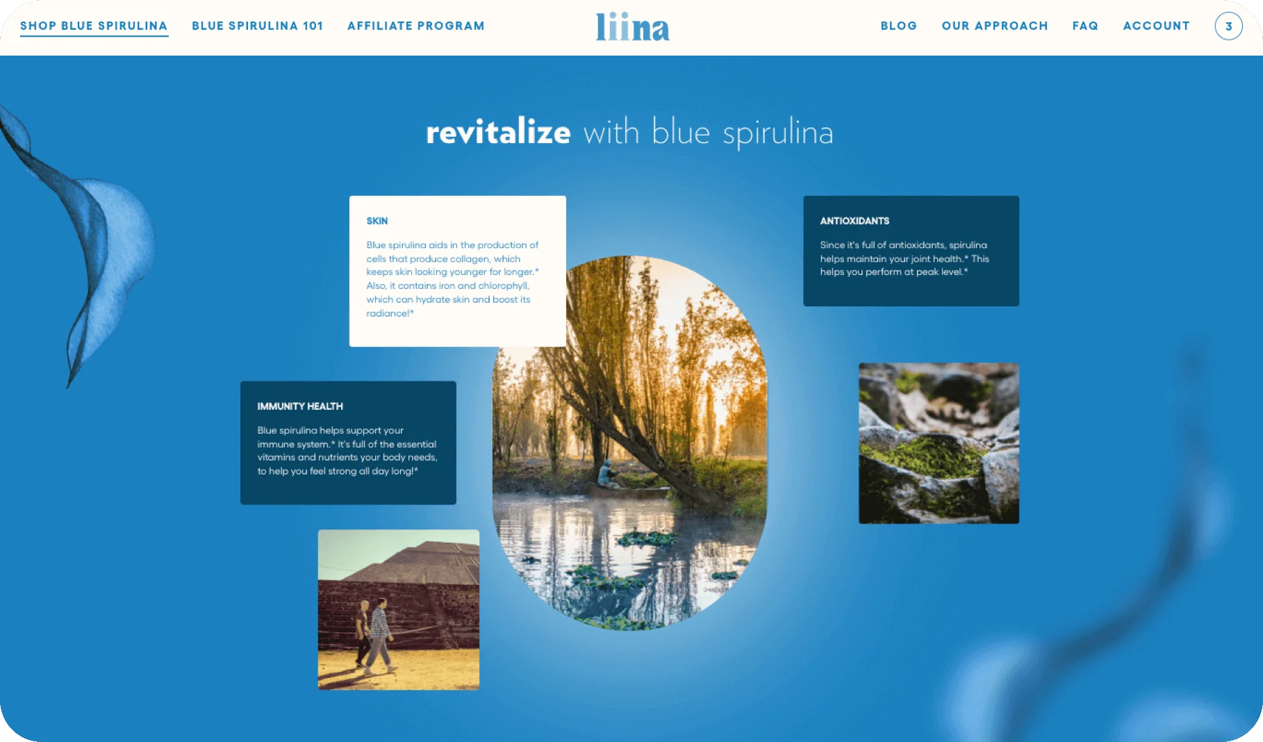 Website page for Ilina with blue spirulina theme and nature imagery.