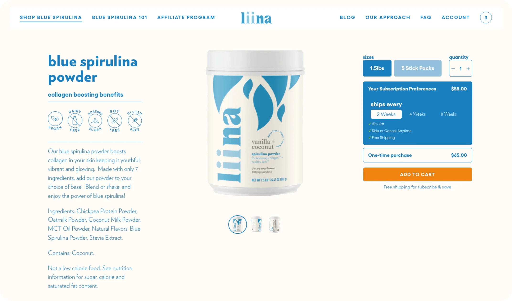Liina blue spirulina powder container on a website page with text and branding.