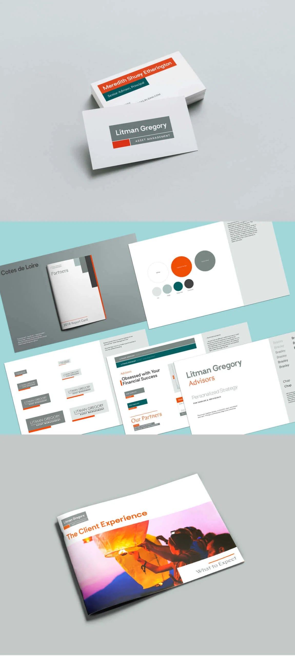Collection of business cards and brochures on a gray background