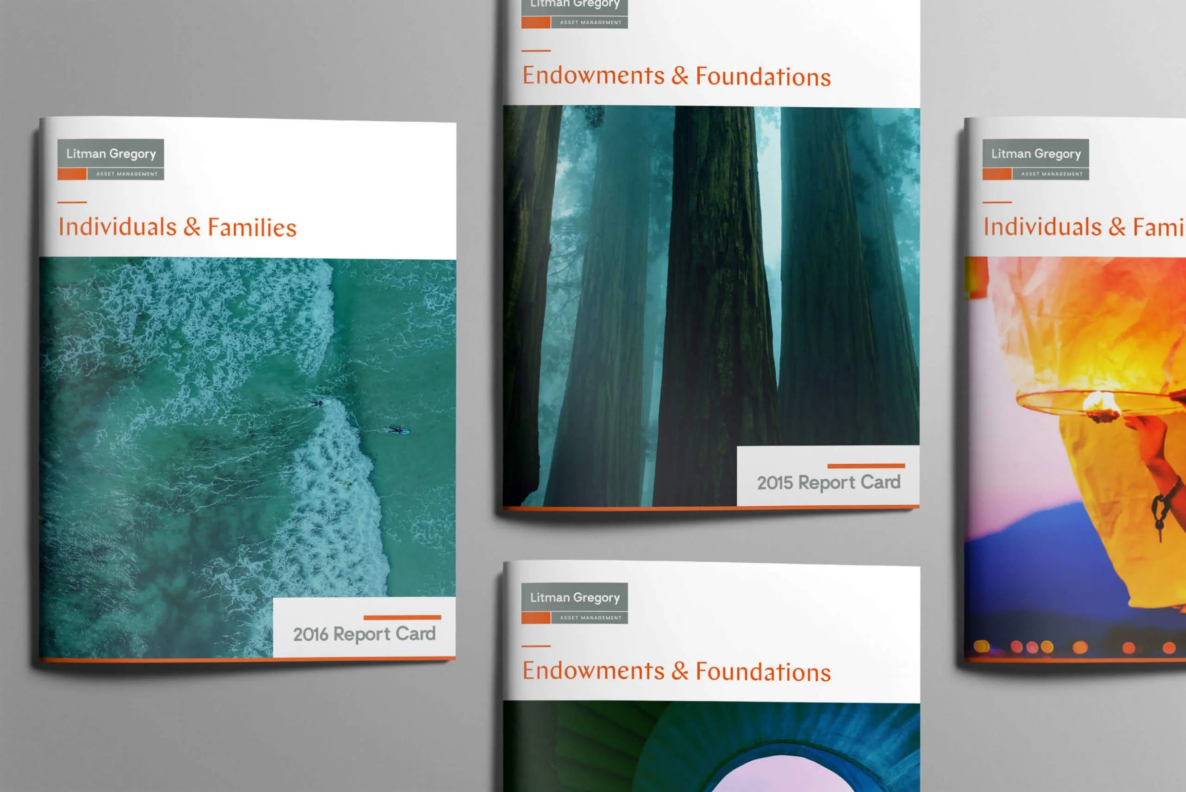 Collection of financial reports or books with covers featuring nature imagery on a gray background