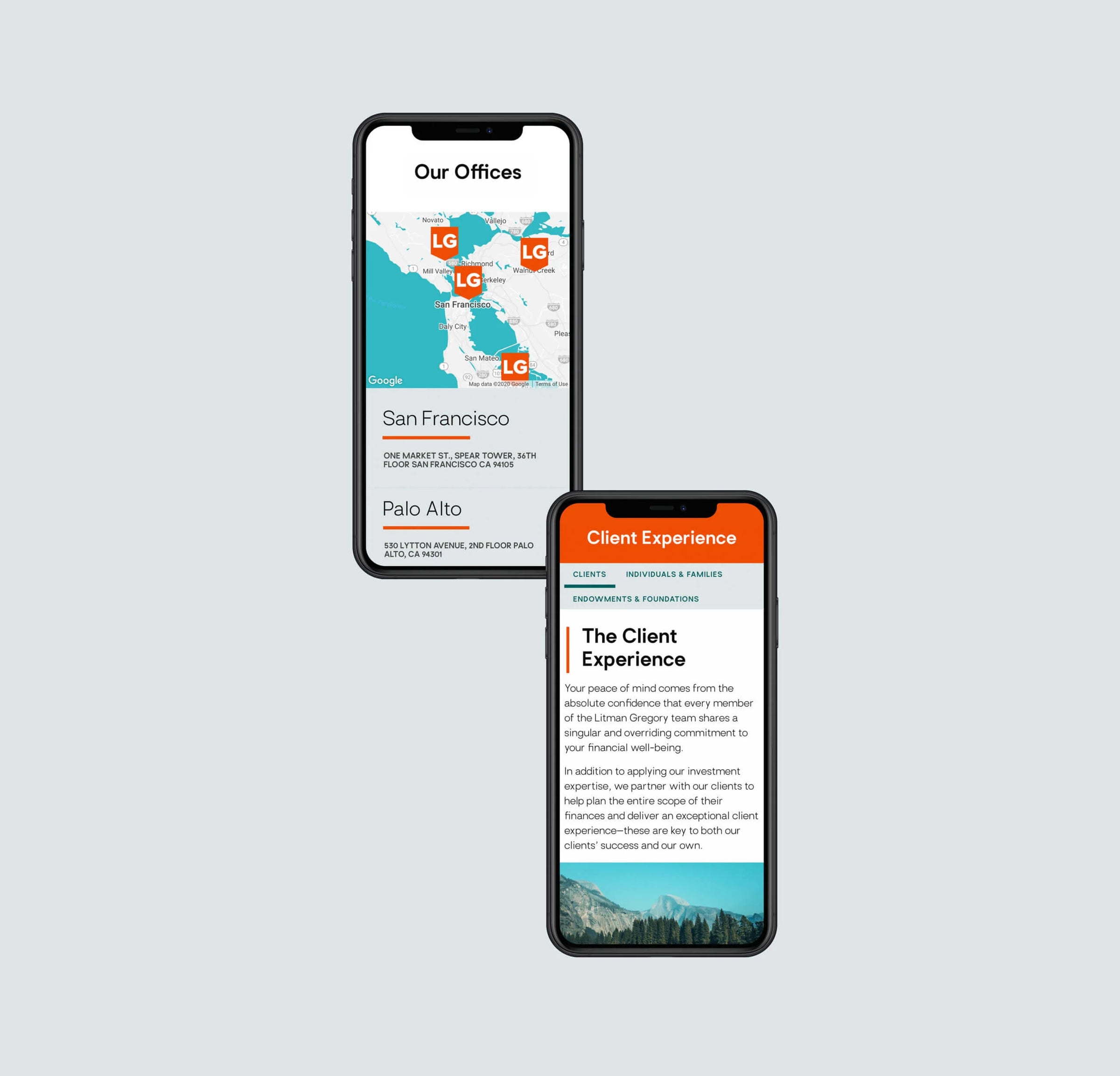 Two smartphones displaying different screens on a light gray background
