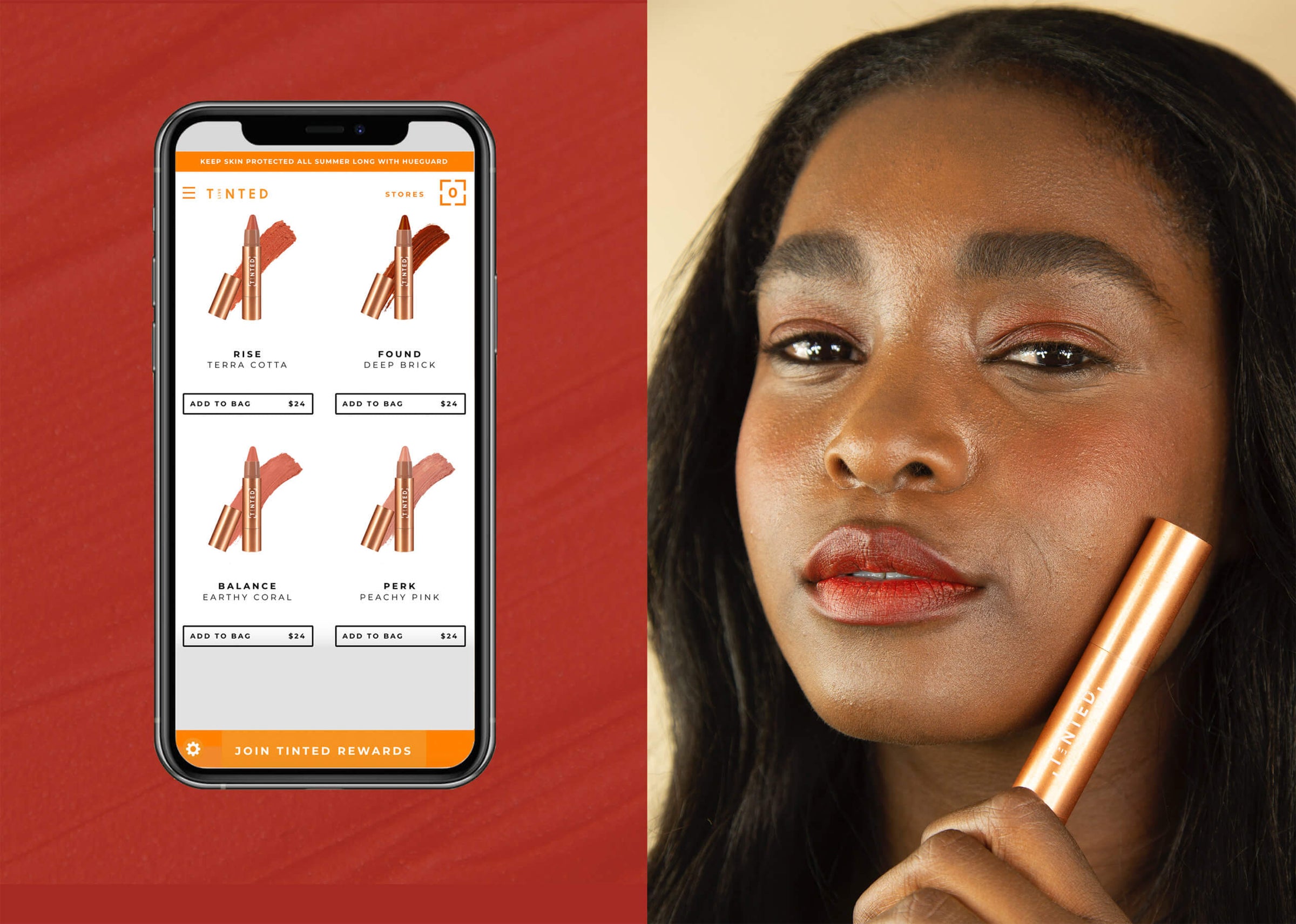 Phone screen showing a makeup app with a woman applying makeup on a red background