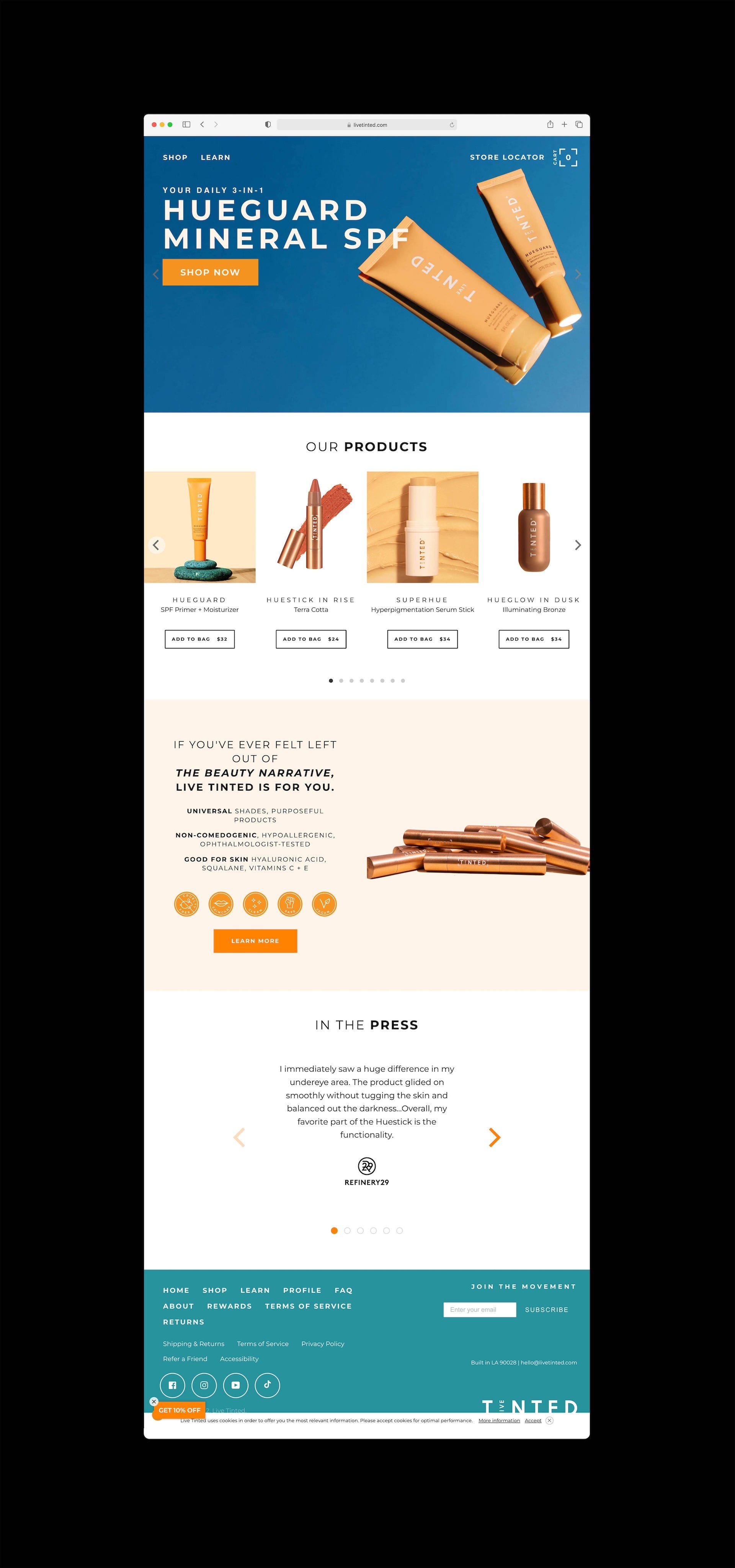 Website page for HUEGUARD MINERAL SPA with product images and navigation menu.