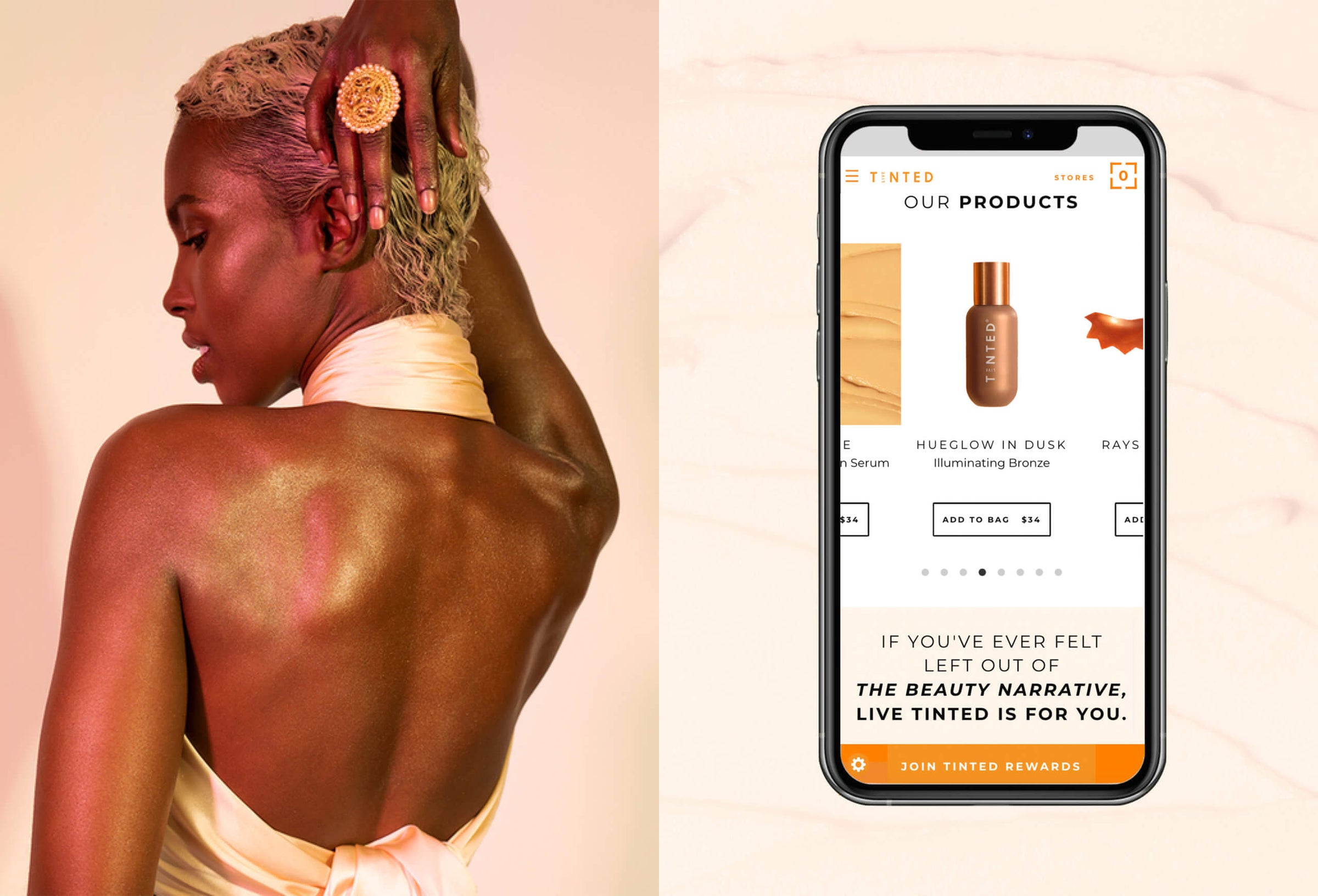 Woman with sun-kissed skin on a beige background, alongside a smartphone displaying the Tinted app.