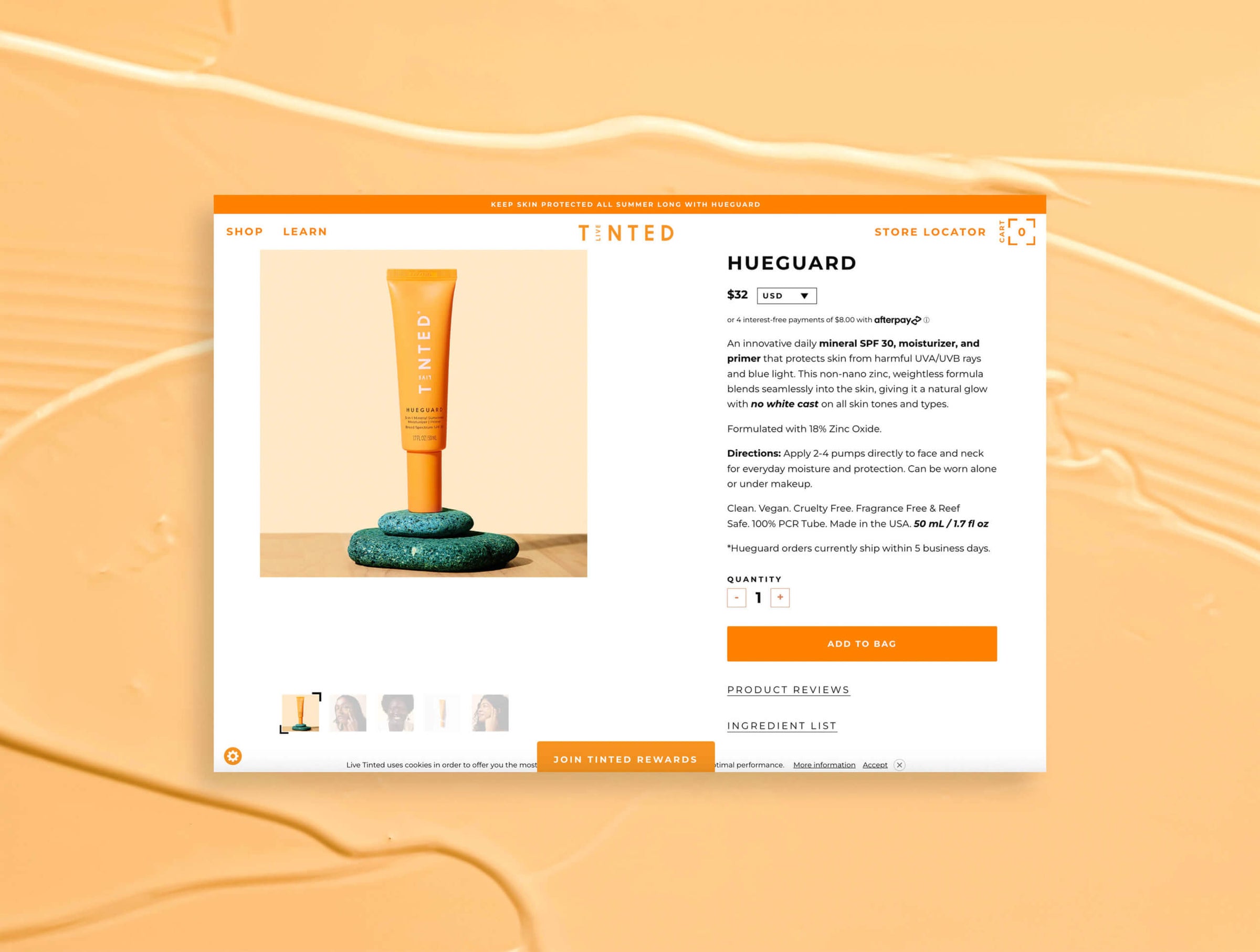 Product page for 'Hueguard' on a beige background