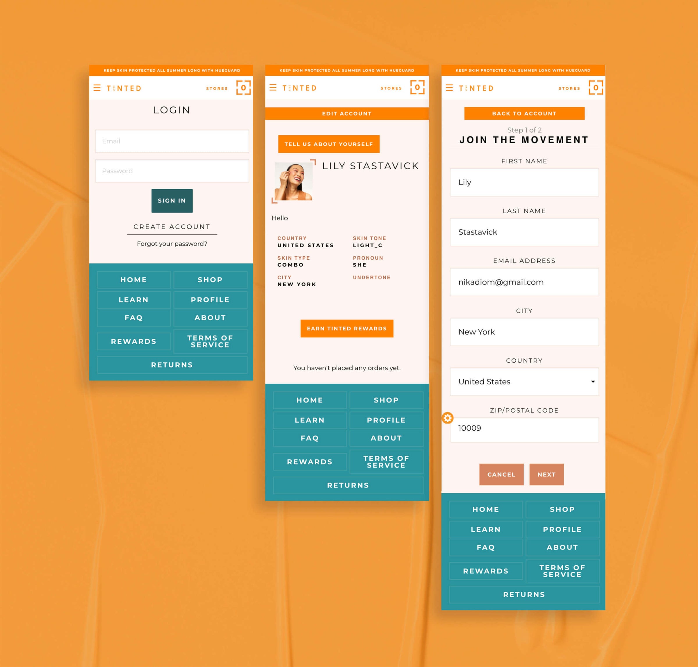 Three web interface design mockups on an orange background