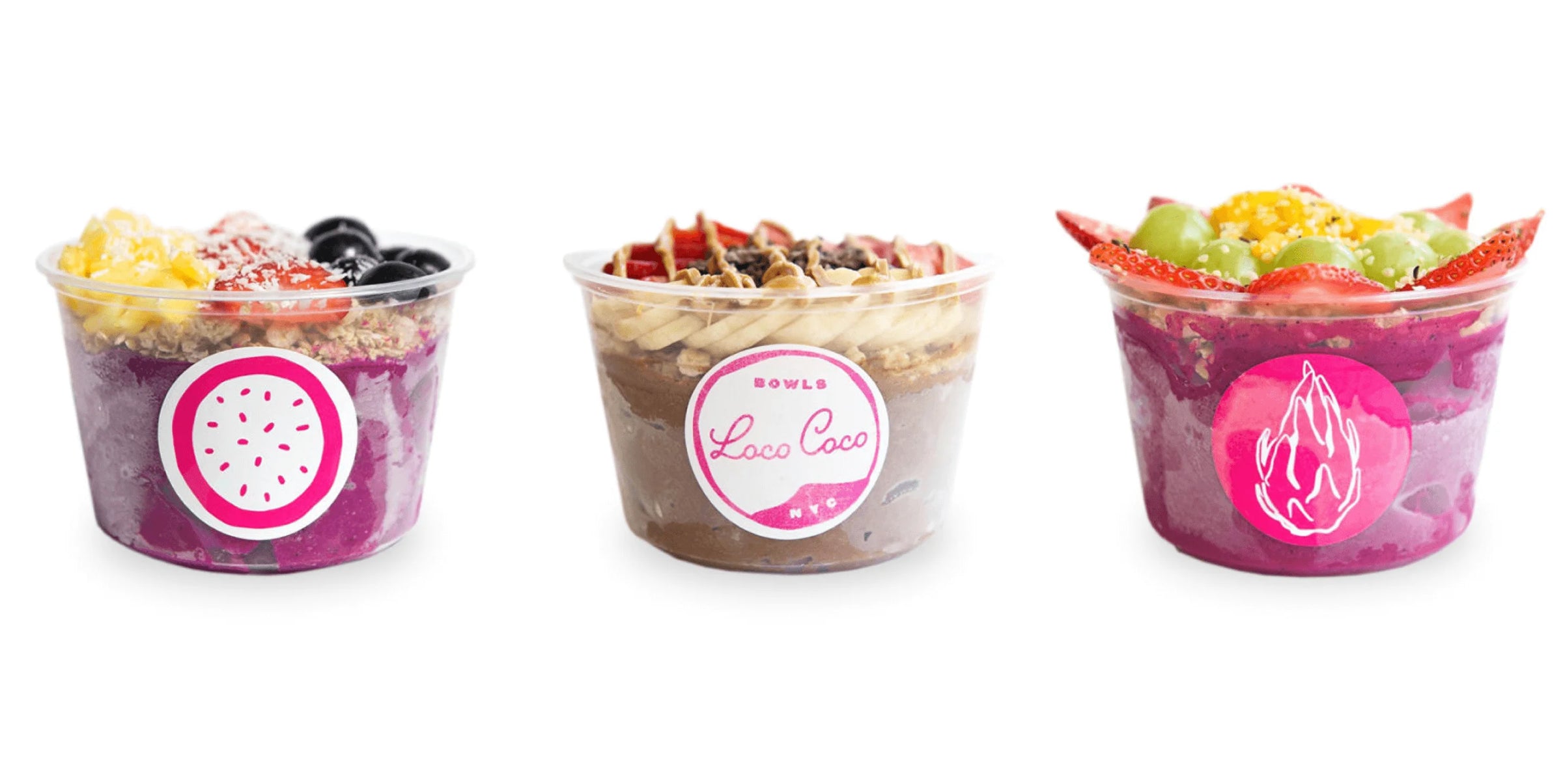 Three dessert cups with colorful toppings and a visible brand logo on a white background