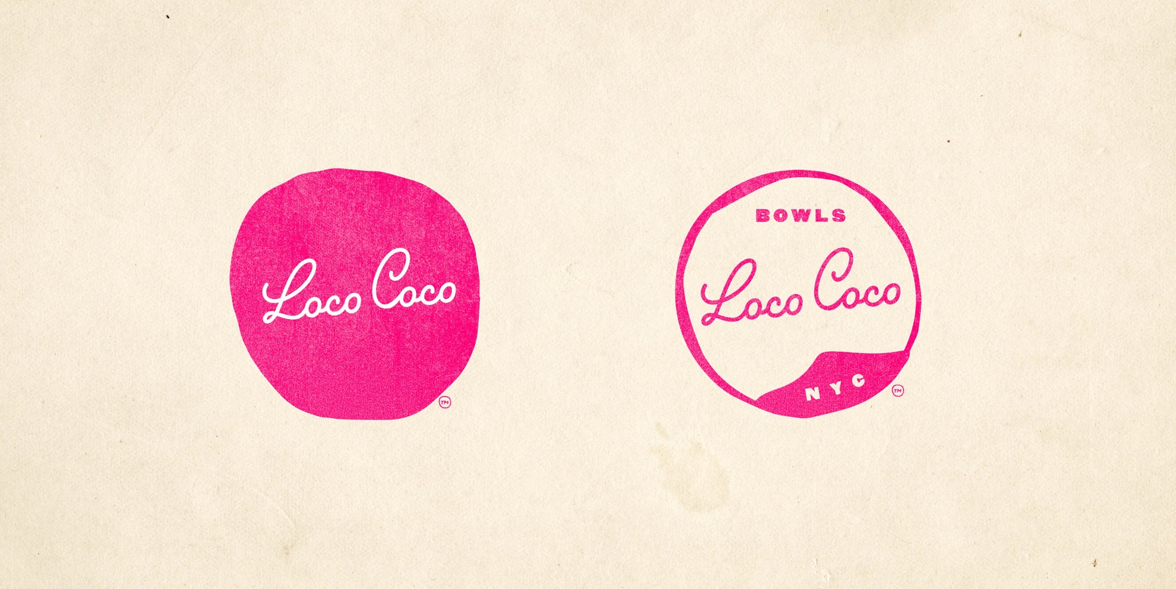 Two pink logos with 'Loco Coco' text on a beige background