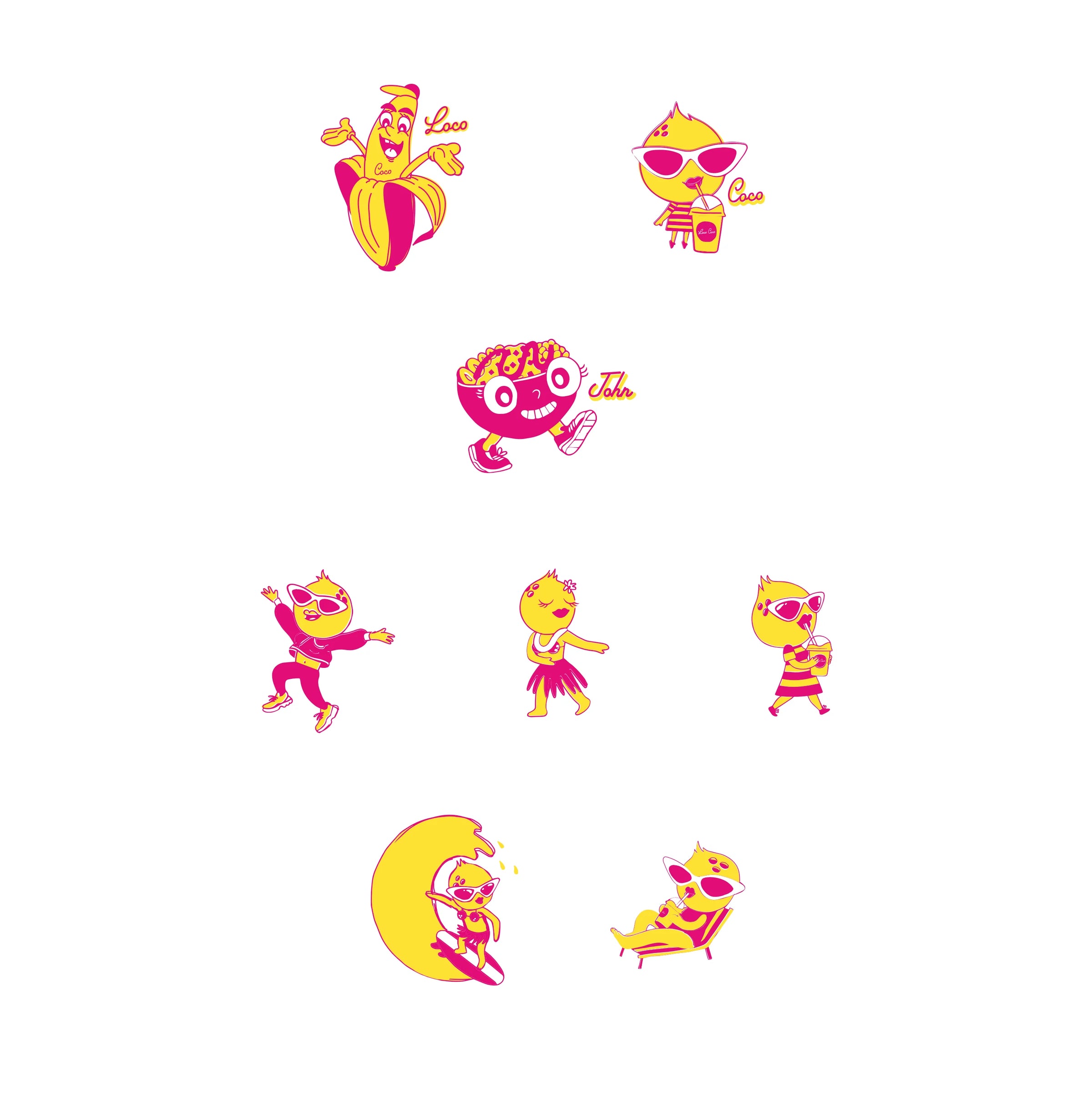 Set of colorful cartoon character illustrations on a white background