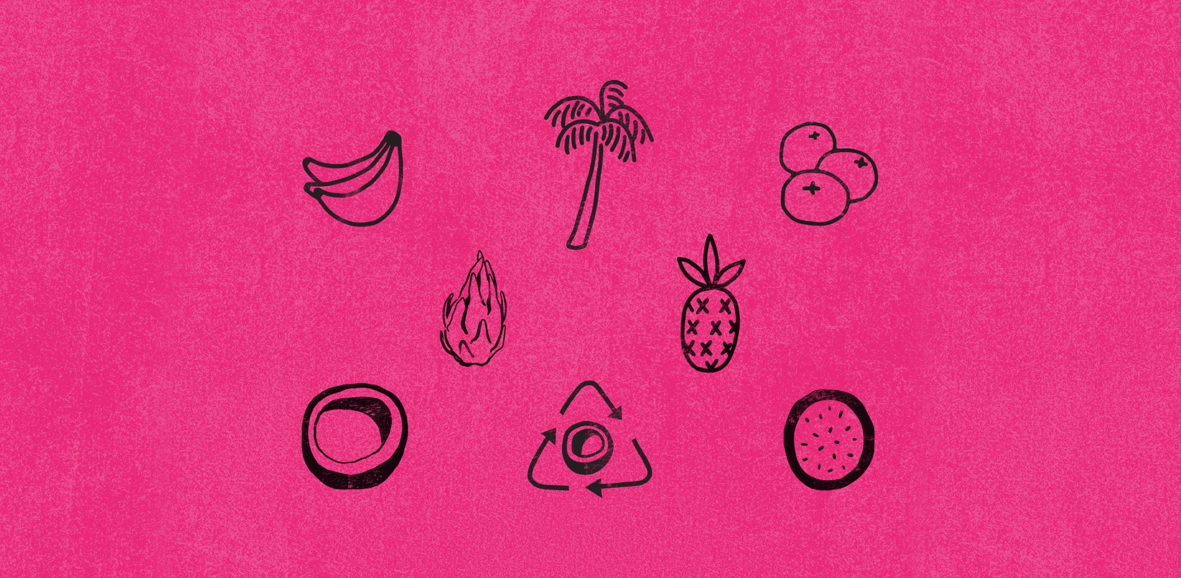 Illustrations of fruits and a palm tree on a pink background