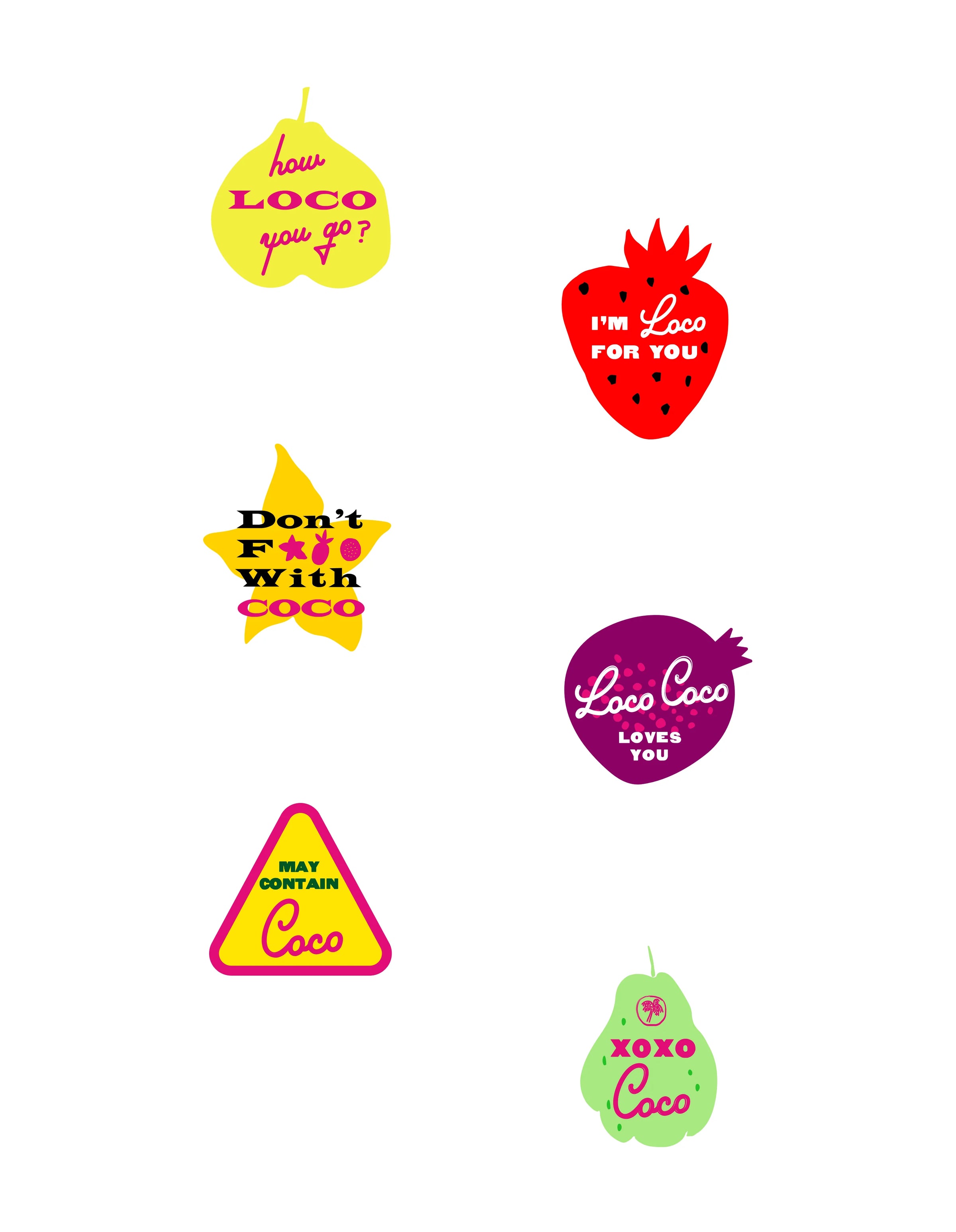 Set of colorful stickers with text and fruit designs on a white background