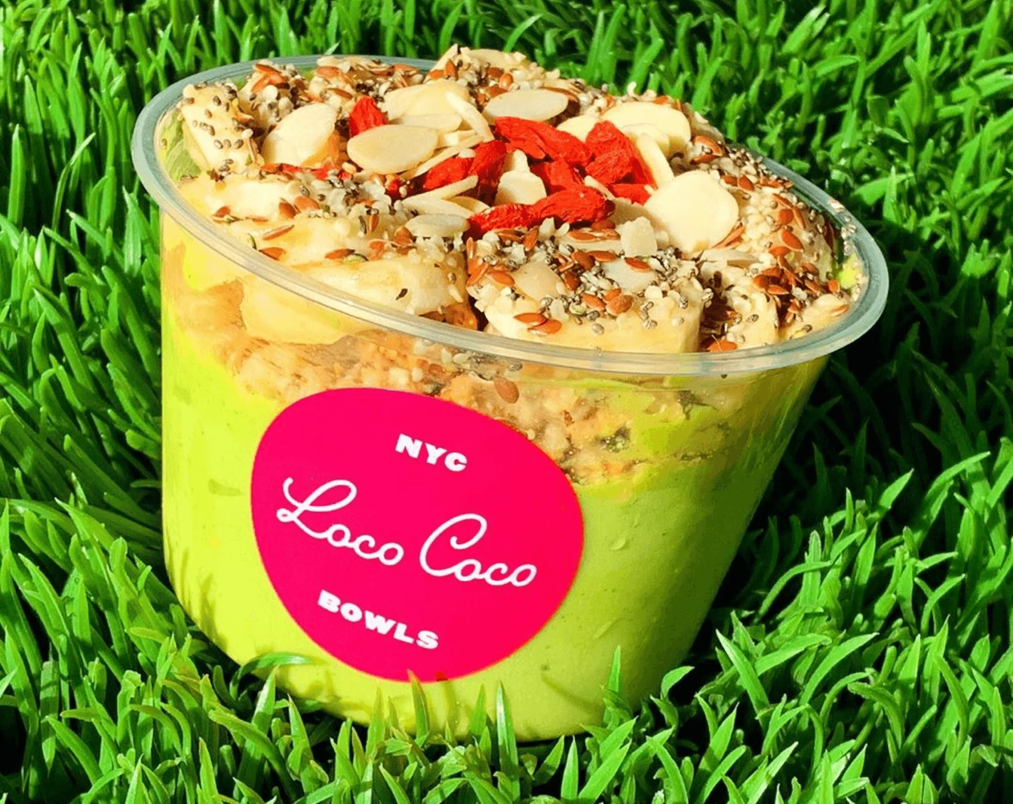 Green smoothie bowl with toppings in a container labeled 'NYC Loco Coco Bowls' on grass.