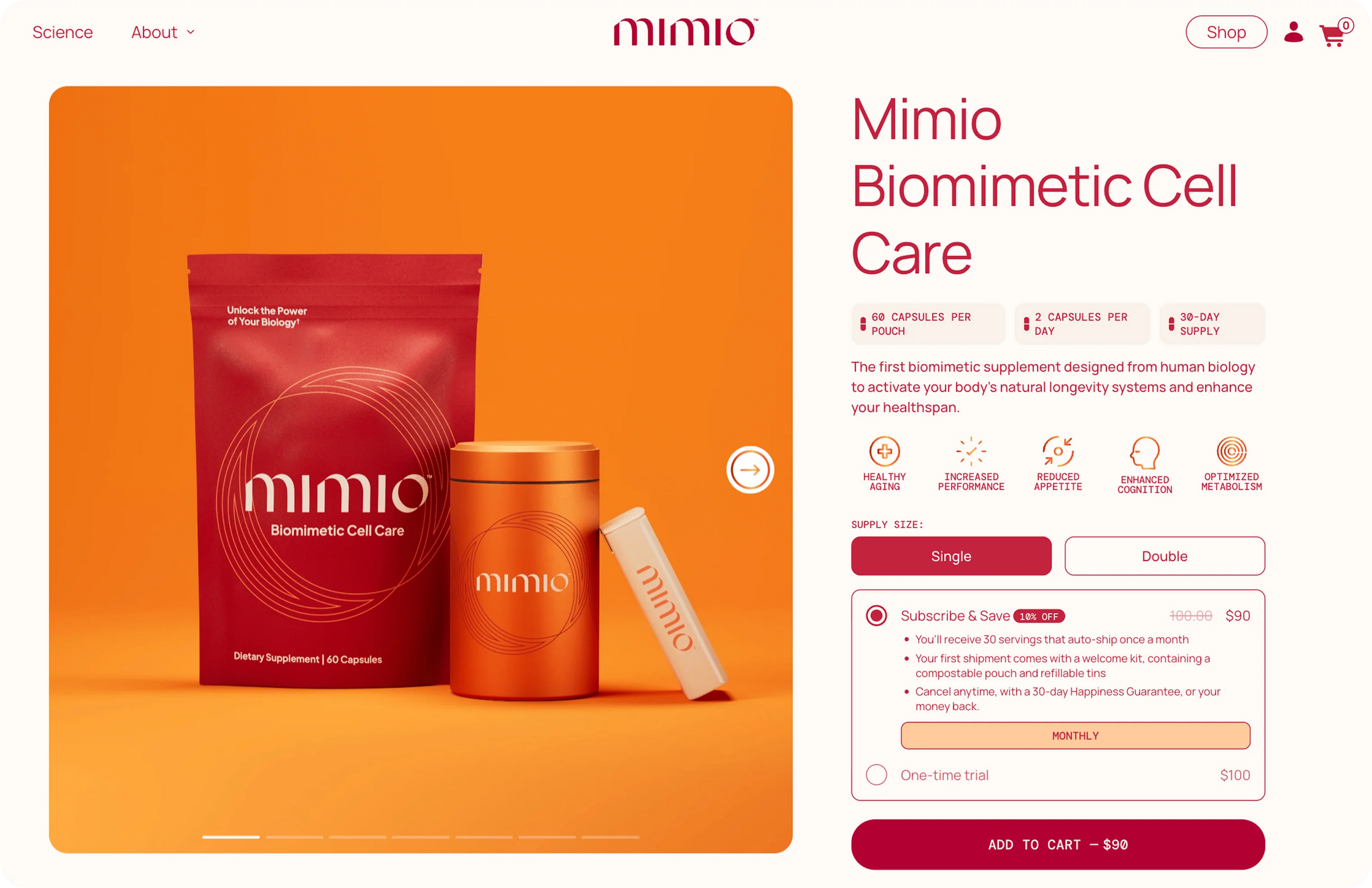 Mimio Biomimetic Cell Care packaging on an orange background with product details on the right.