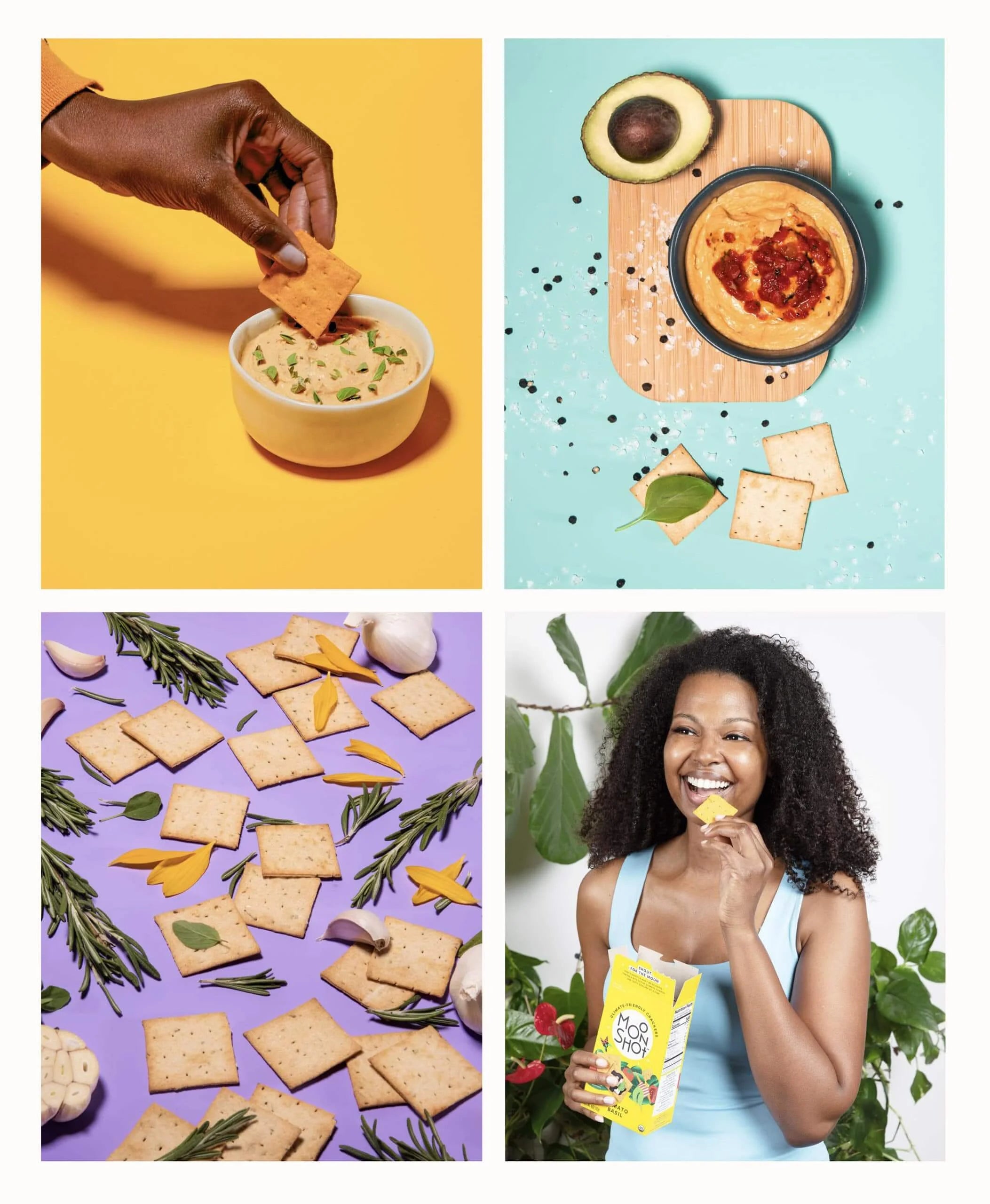 Collage of four images featuring food products and a person eating Moon Shot snacks.