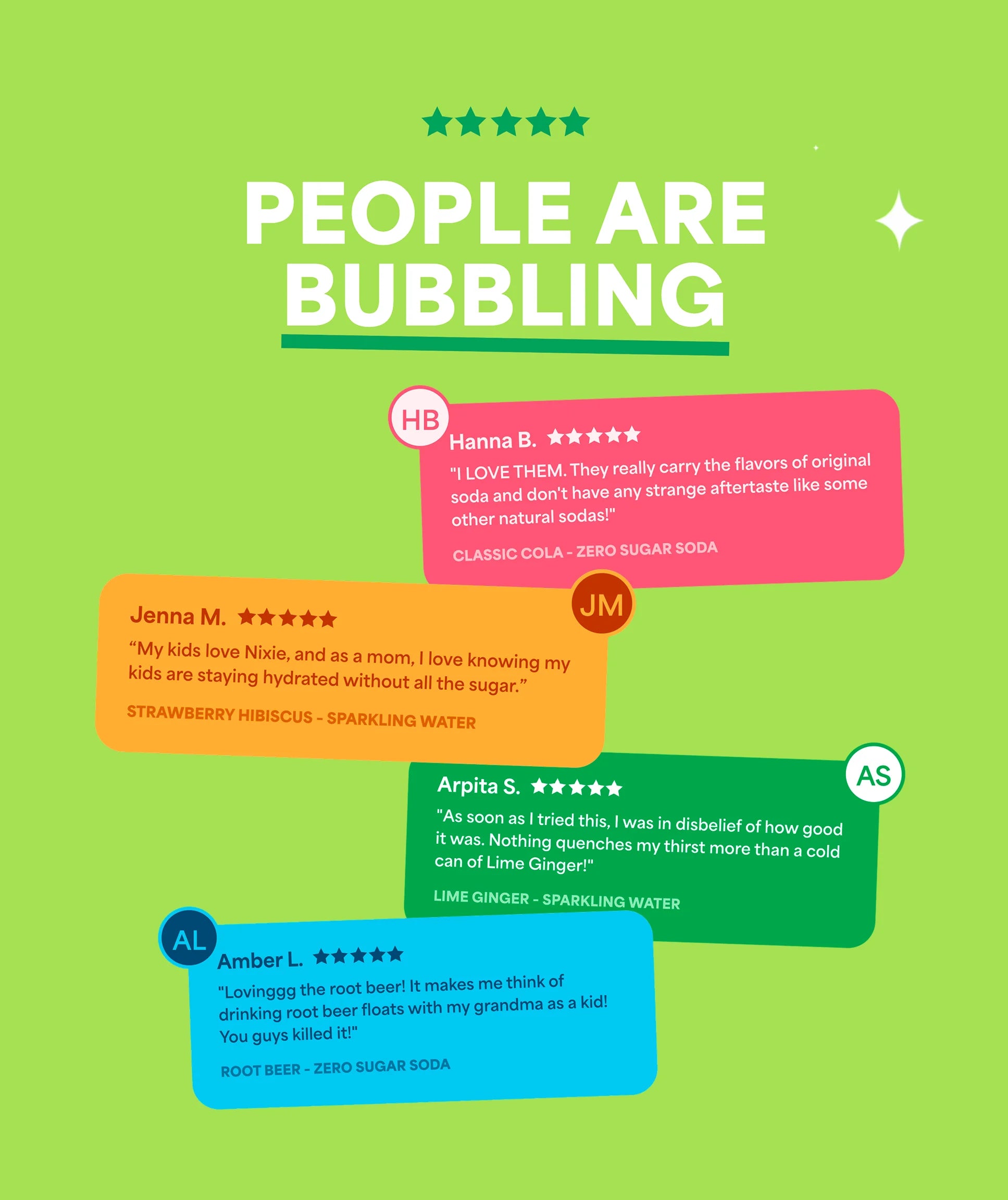 Green background with colorful text boxes containing reviews and product information.