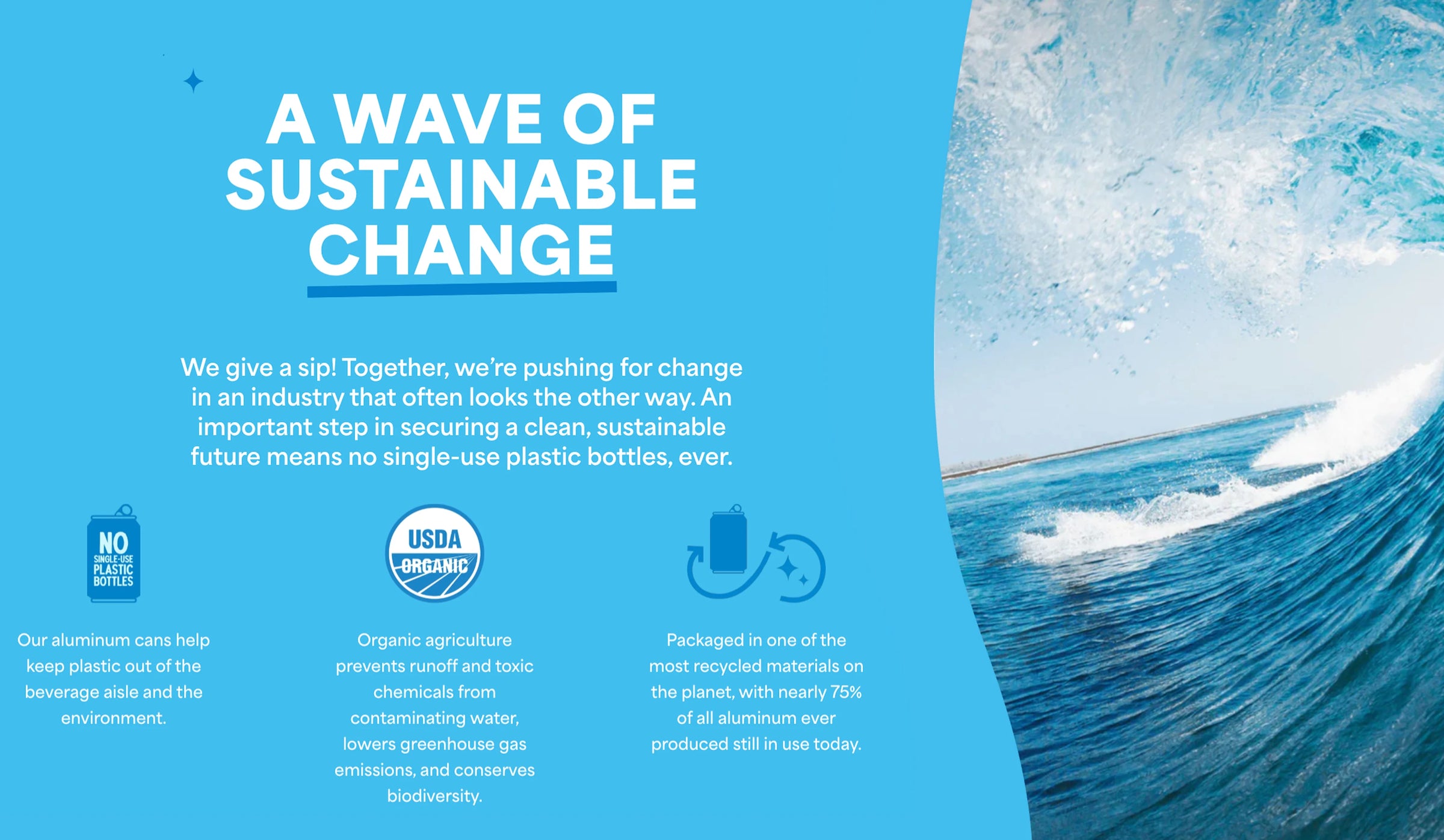 Advertisement for sustainable change with a wave and text on a blue background