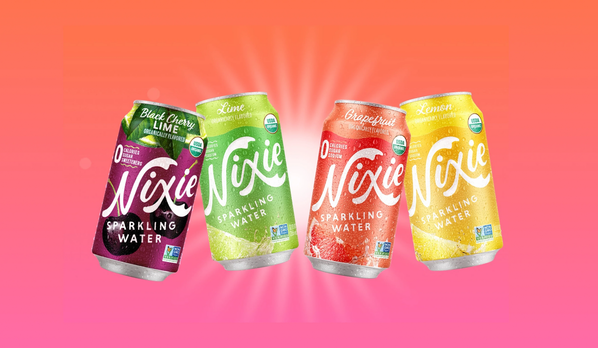 Four cans of Nixie sparkling water on a gradient pink and orange background