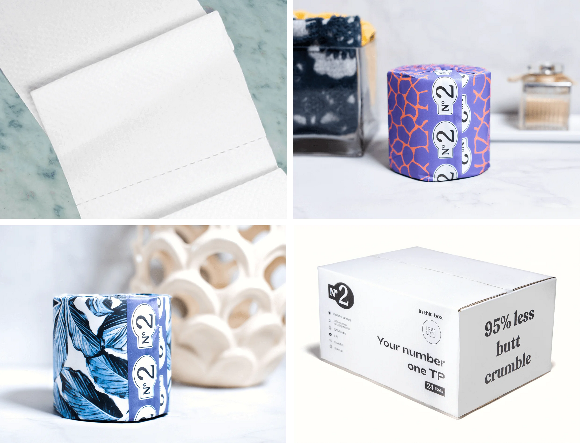 Collage of toilet paper products with branding and packaging details.