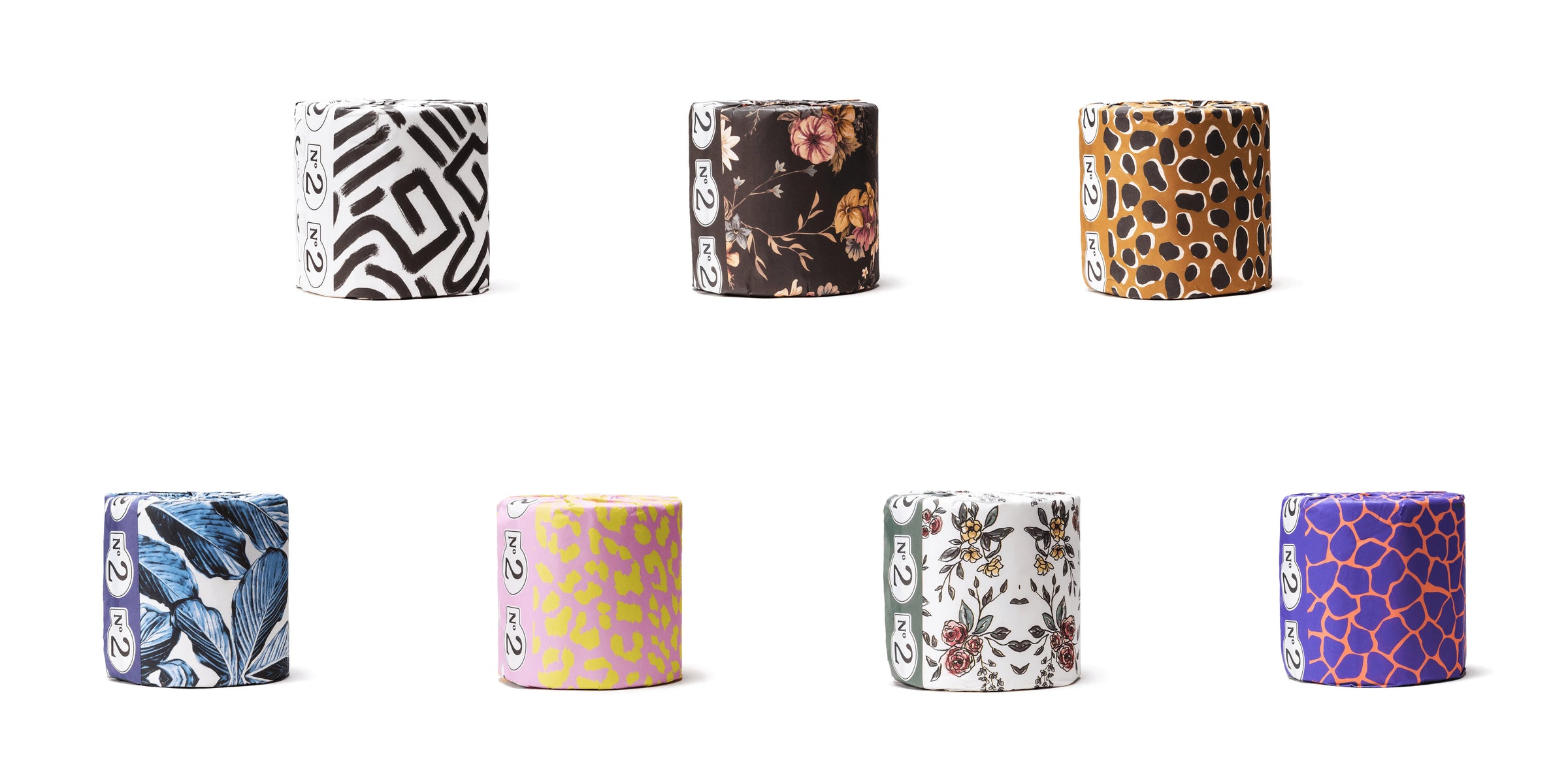 Set of toilet papers with various patterns on a white background