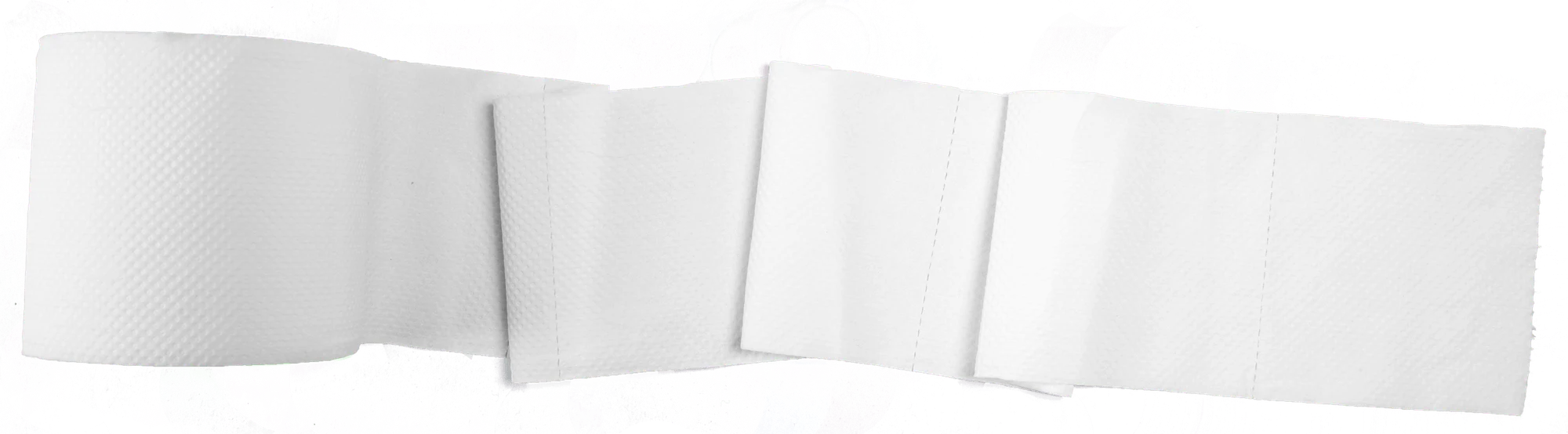 Toilet paper sheets arranged in a fan-like manner on a white background.