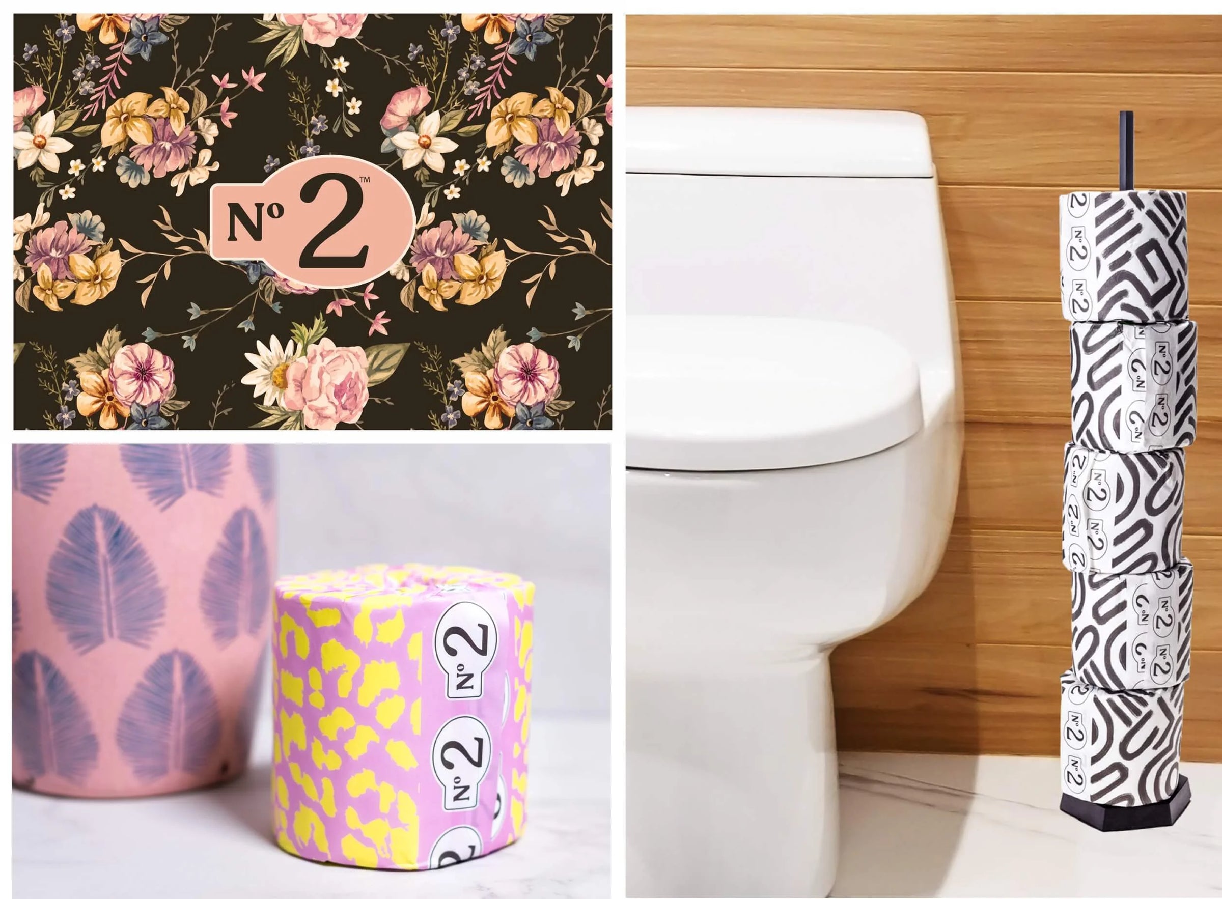 Collage of toilet paper with decorative designs and a roll in front of a toilet.