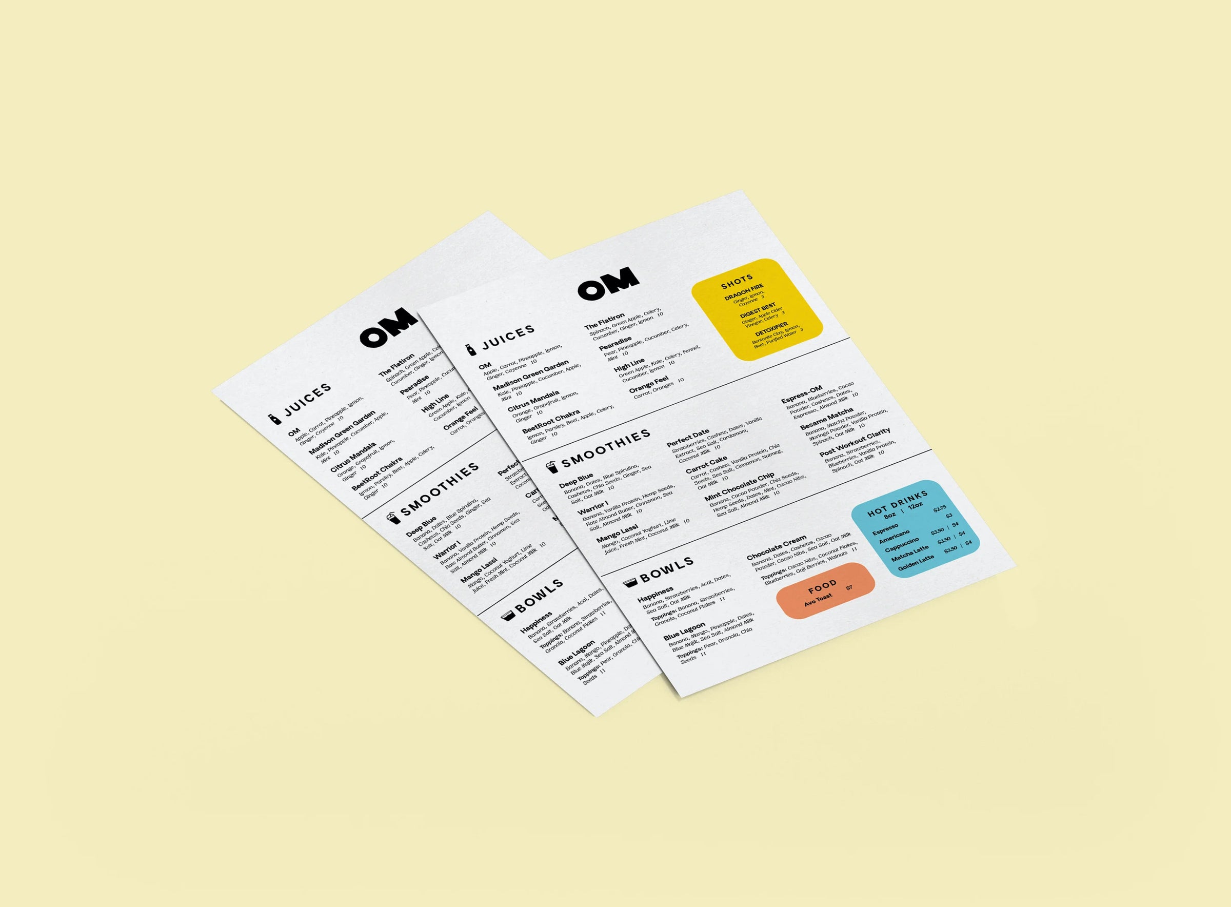 Menu with colorful labels on a beige background