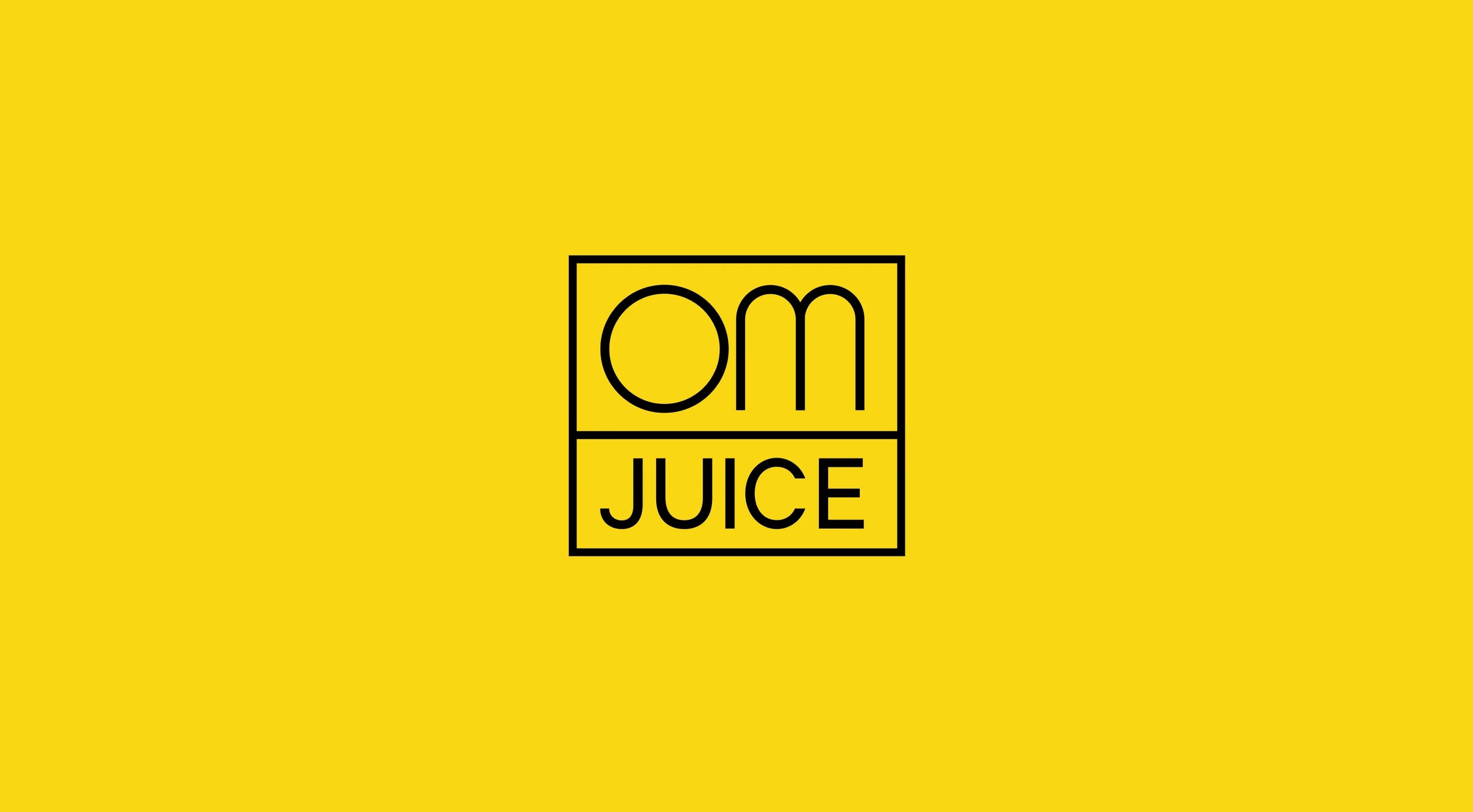 OM Juice logo on a yellow background