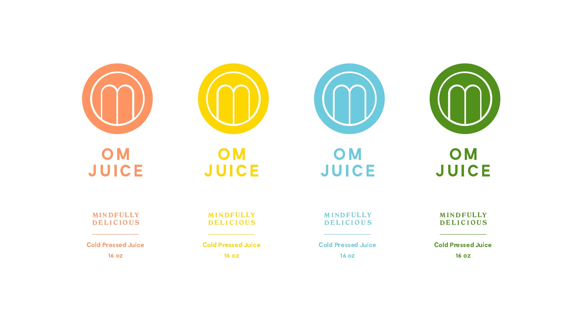 Four logos of OM Juice with different colored circles and text on a white background