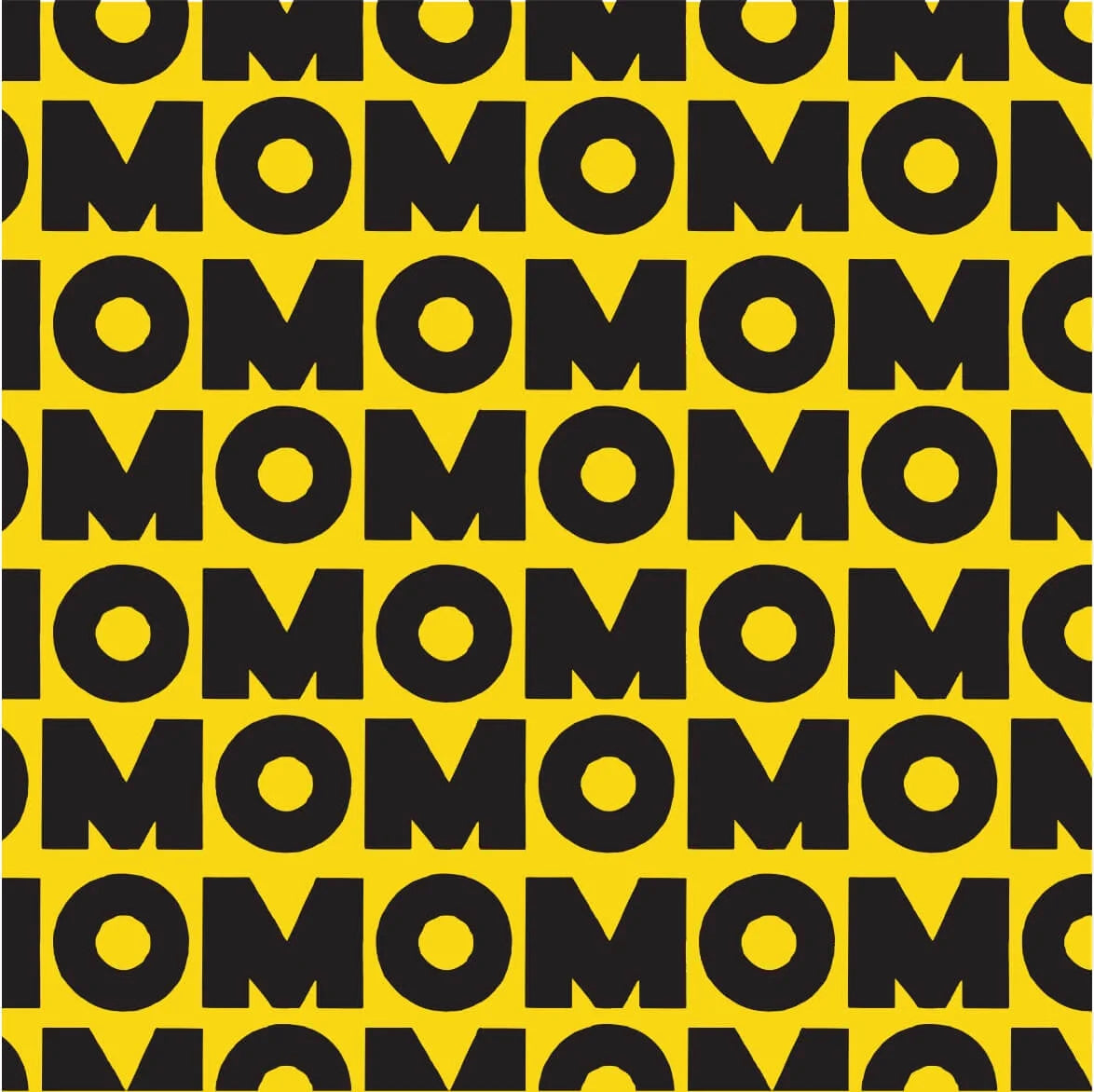 Repeating pattern of the word 'MOM' in black on a yellow background
