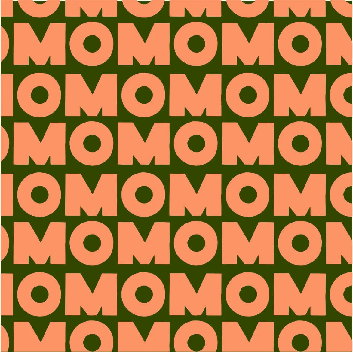 Pattern of the word 'OM' repeated on a green background