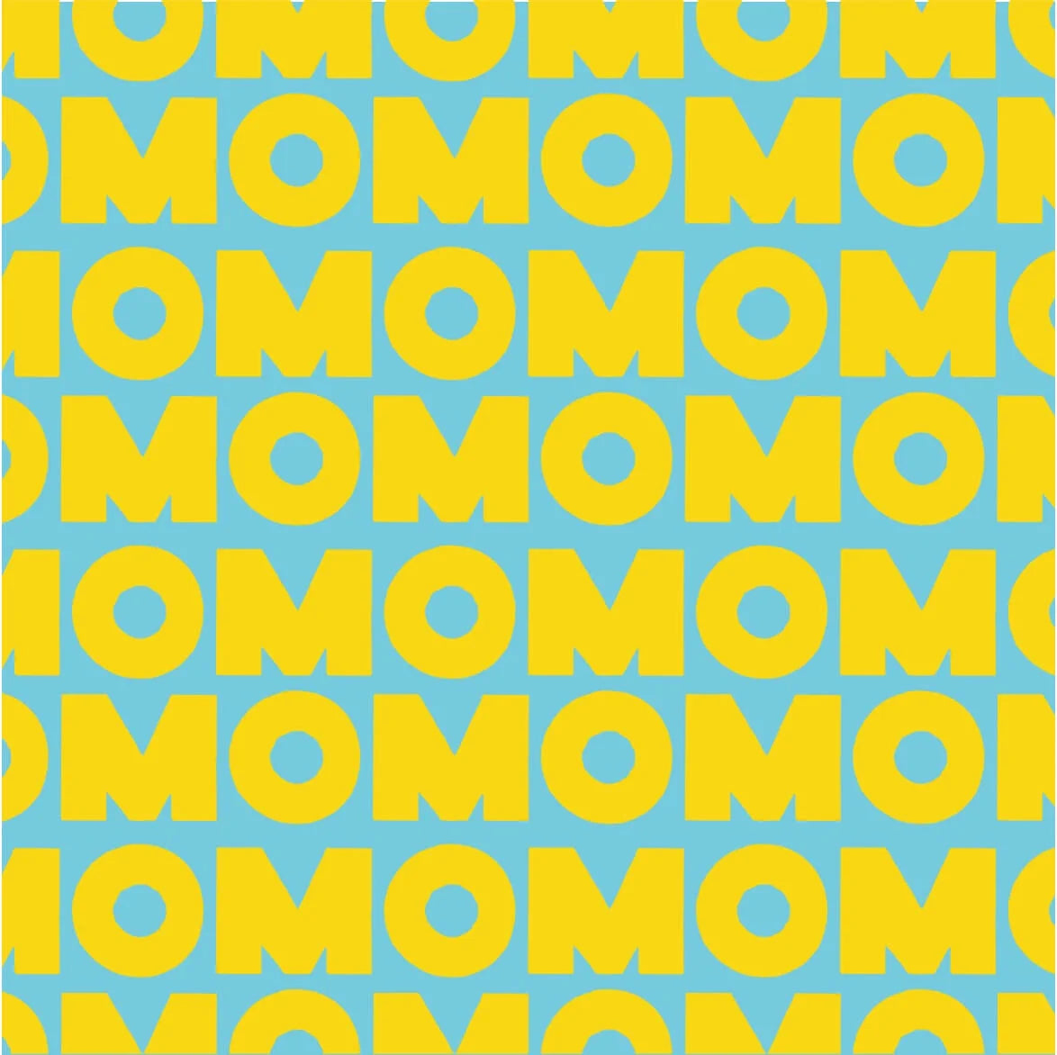 Repeating pattern of the word 'MOM' in yellow on a blue background