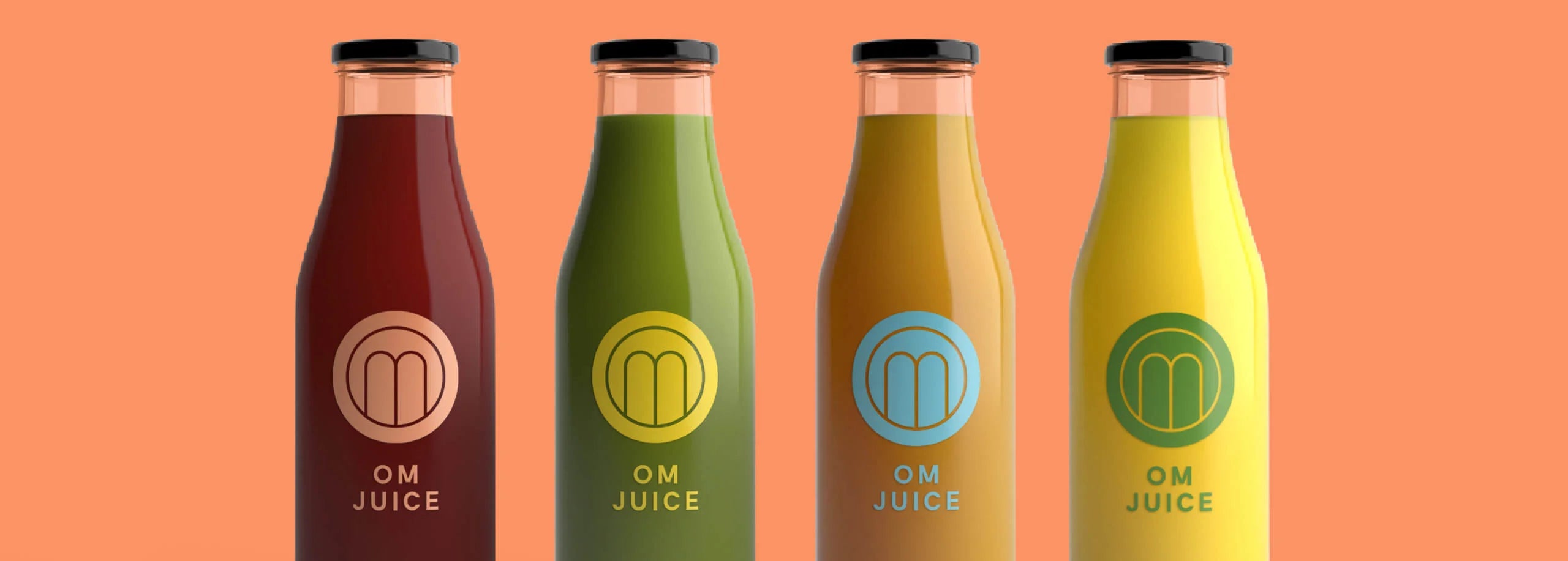 Four bottles of OM Juice with different colored juices on an orange background