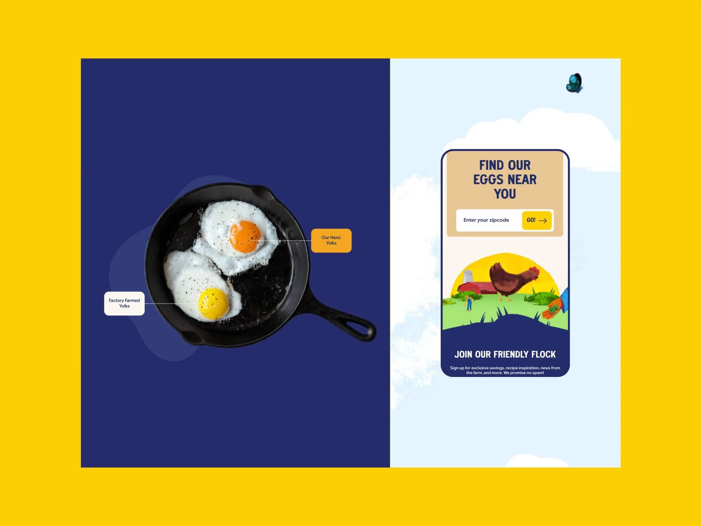 Two fried eggs in a pan on a blue background with a smartphone app interface on a white background, all against a yellow border.