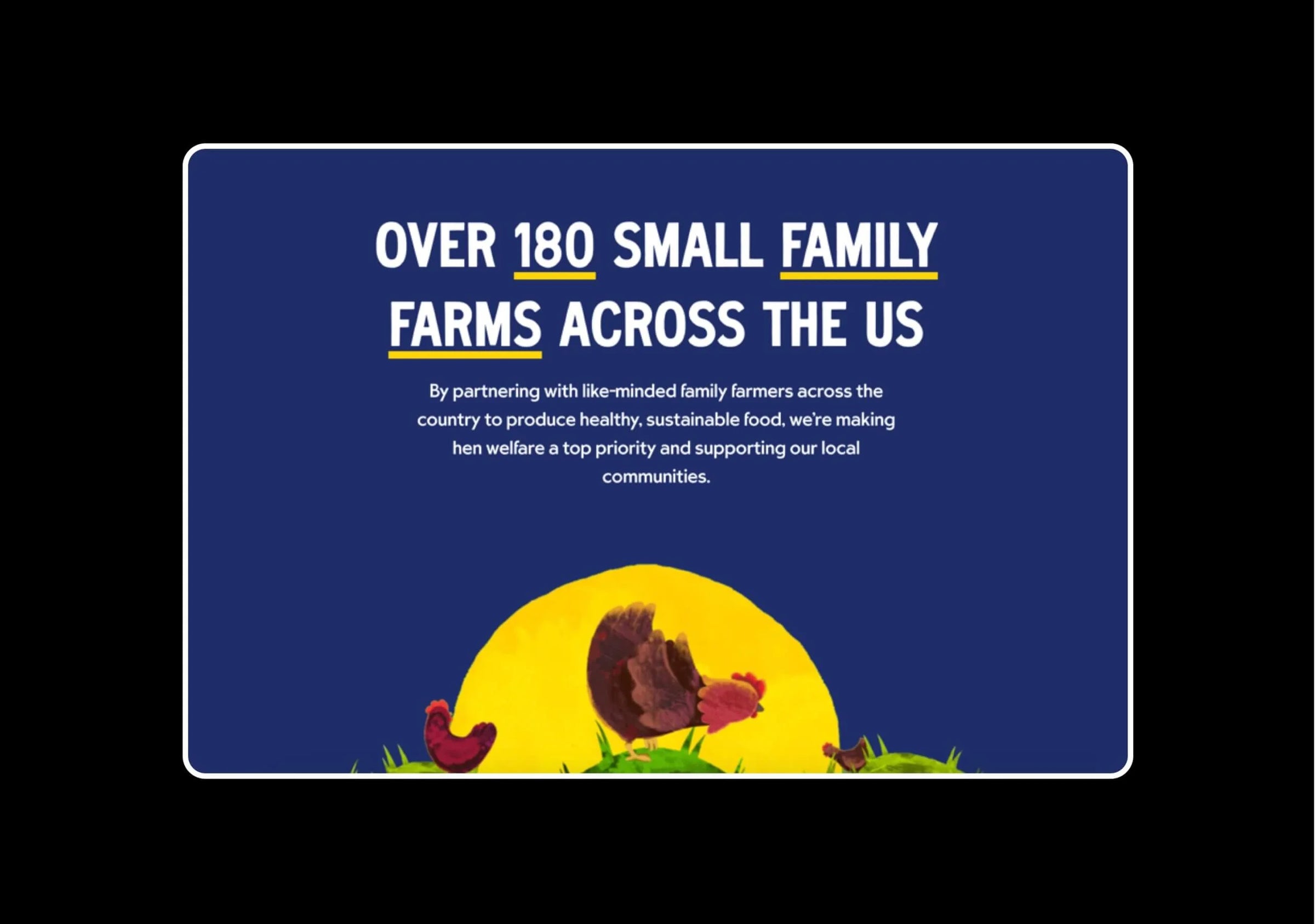 Advertisement for small family farms across the US with a blue background and yellow sun.