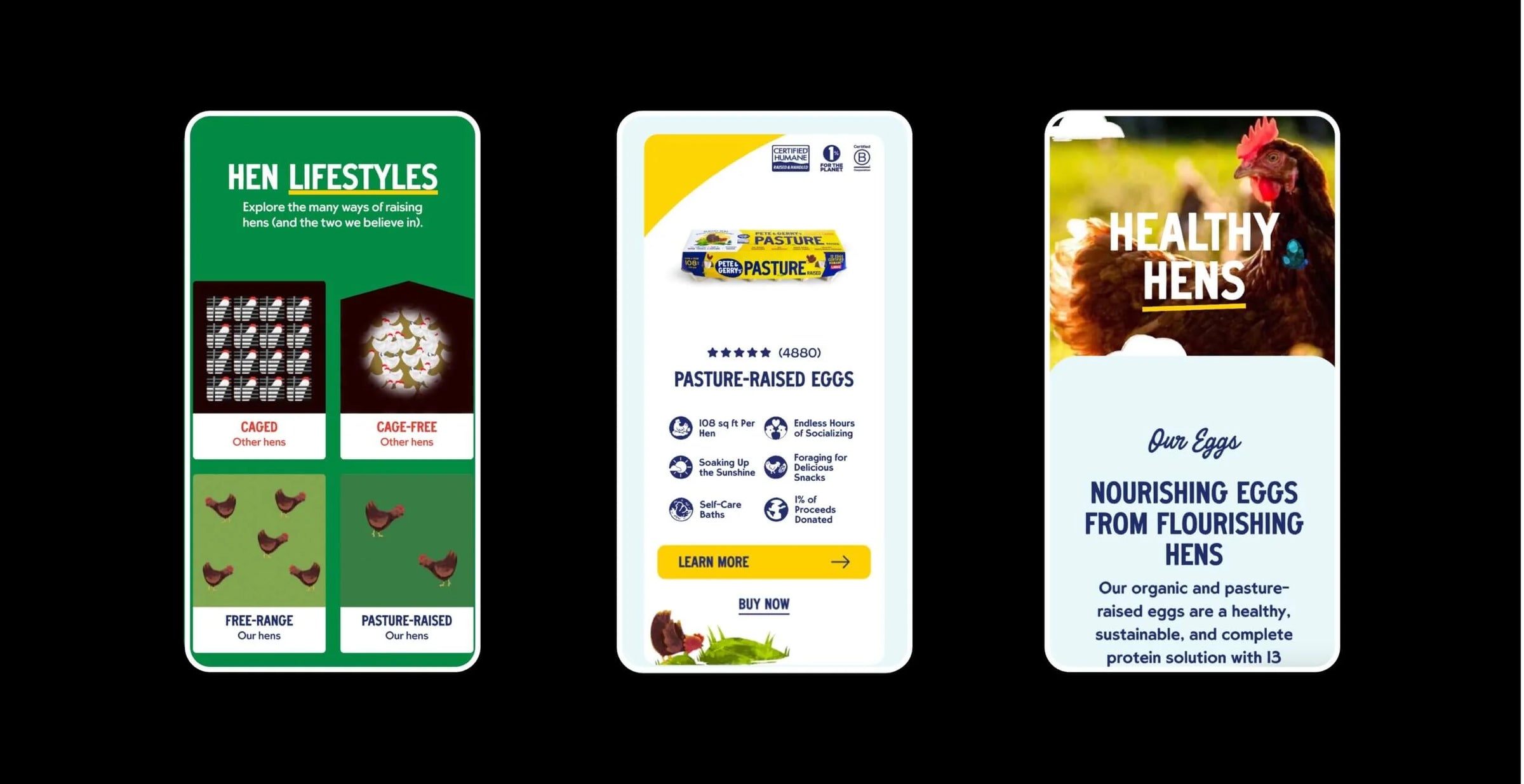 Three egg packaging labels with different branding and product information.