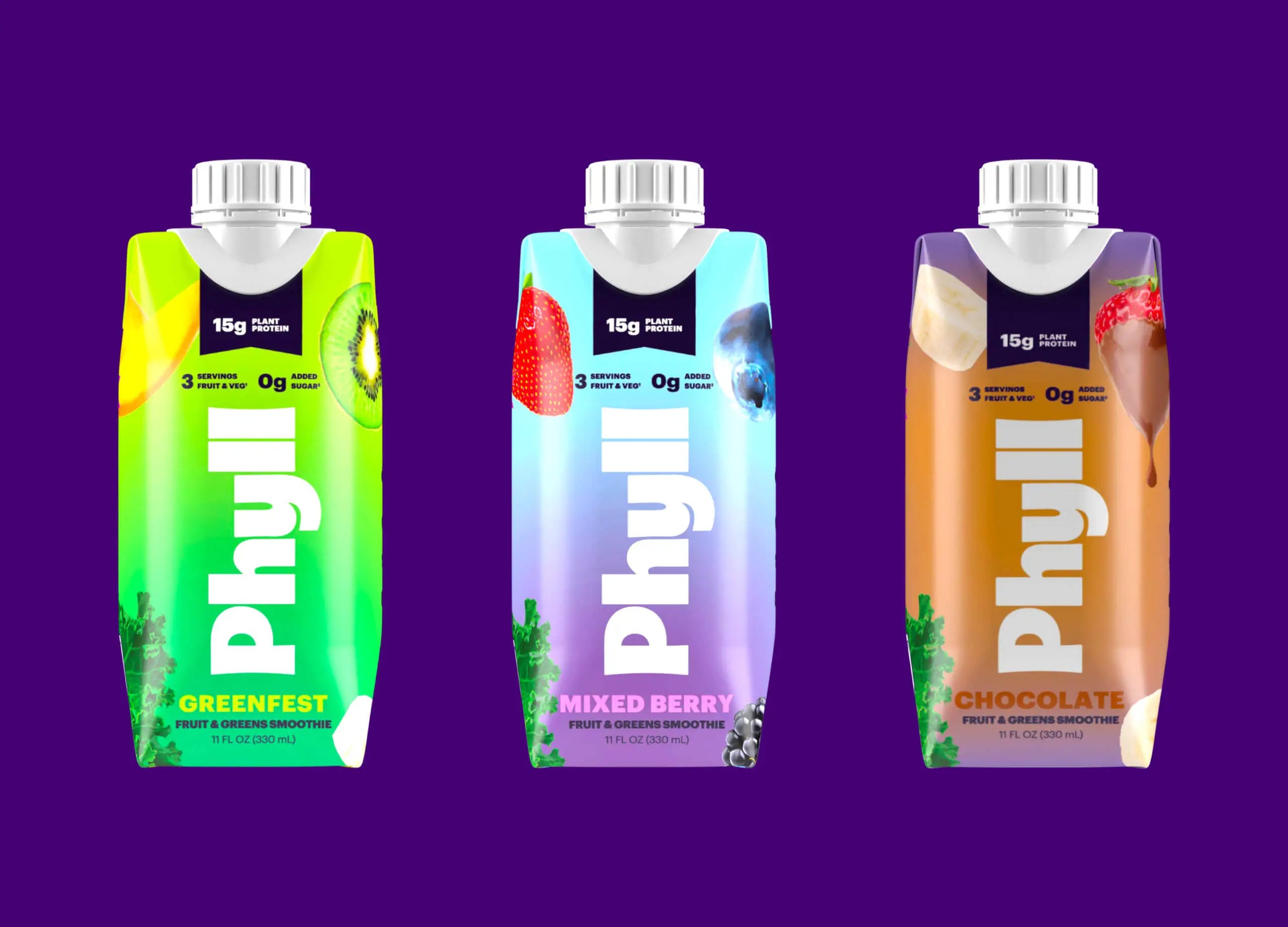 Three Phyll branded juice packs on a purple background